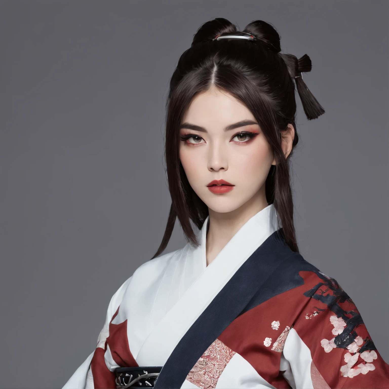 Samurai Girl, and sword。brunette colored hair，white hair tips