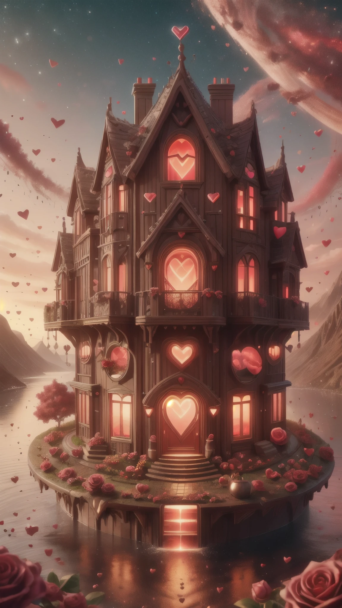 valentine tech,Science fiction,delicious details,House on the hill,soothing scenery,stand in the center of the screen