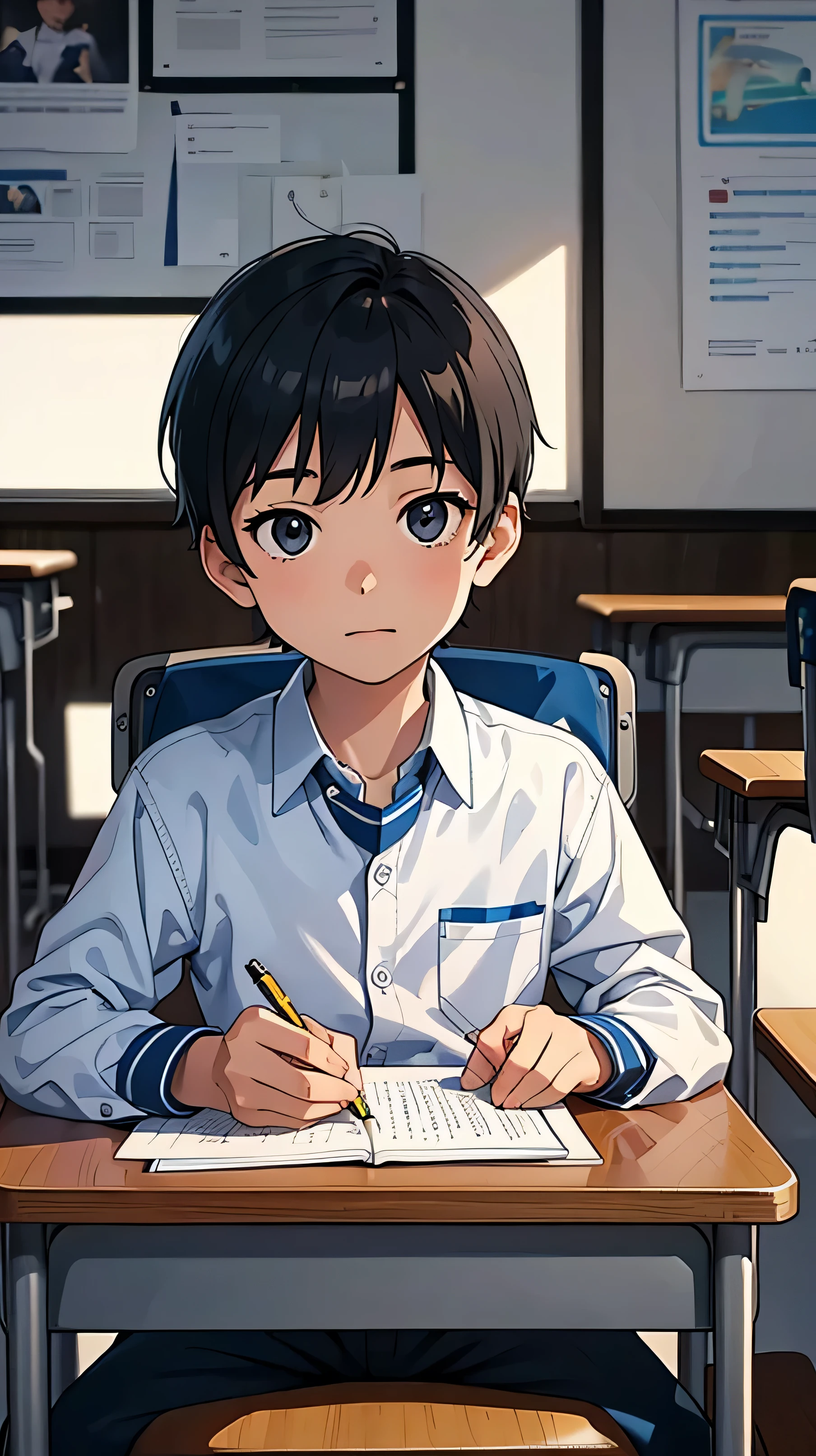Scene: A young boy sitting at a desk in a classroom, holding a pencil and a sheet of paper. He has a determined expression on his face as he writes. Details: The classroom is brightly lit with posters on the walls depicting space and astronauts. The boy's desk is cluttered with books and school supplies