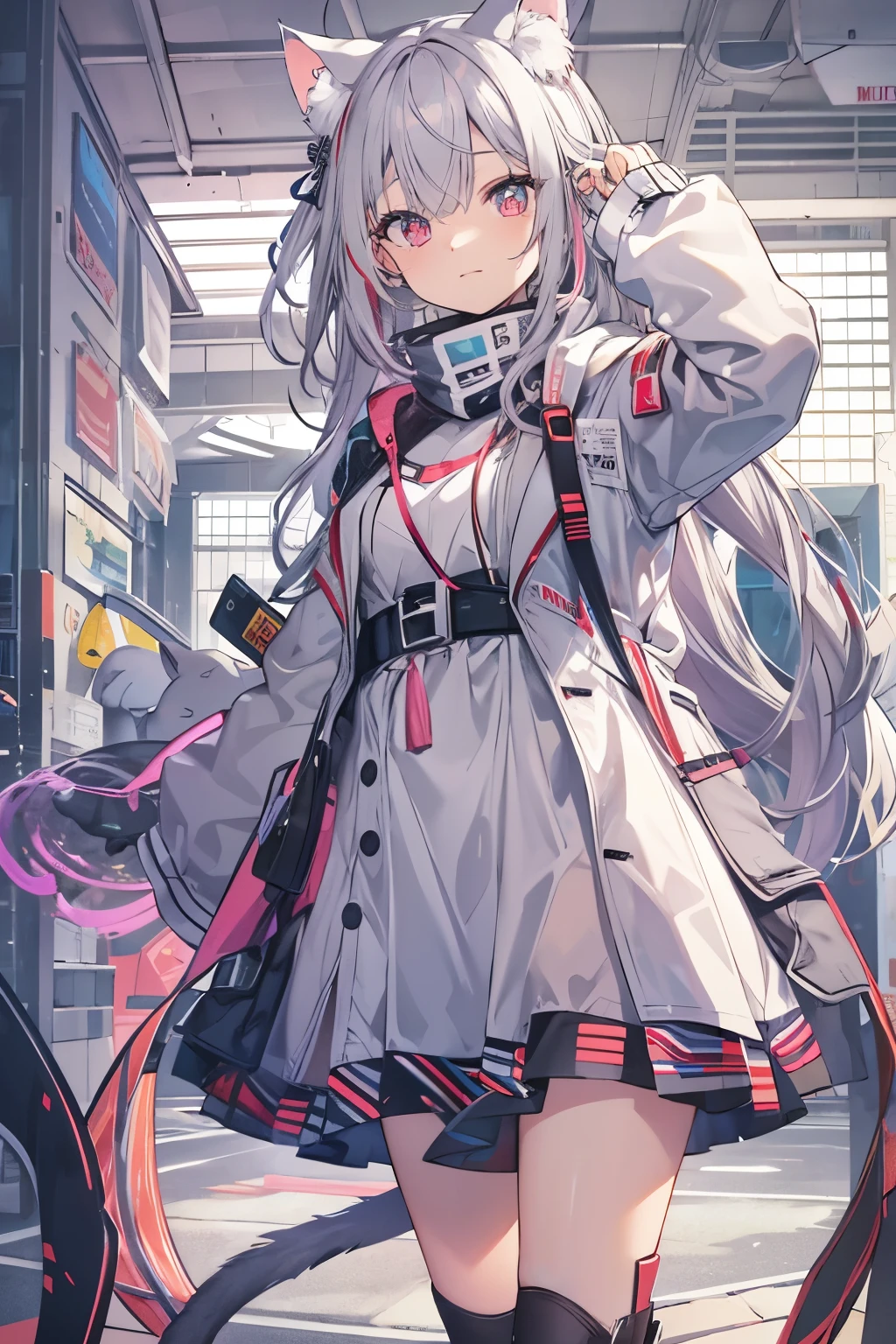 , hide your hands. Dress stylishly, Gray hair with multicolored highlights, multicolored eyes, Cat ear, cat tail.Self snap, looking at the audience