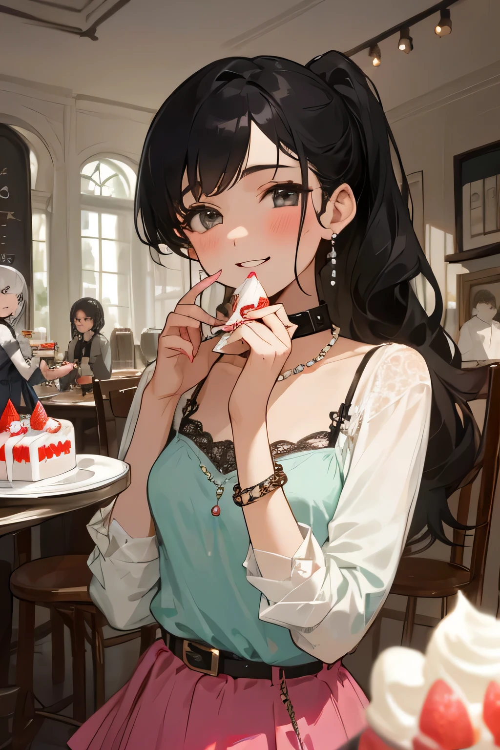 highest quality、High resolution、detailed background、Beautiful and dense face、beautiful and smooth skin、skin texture、cute10代の美少女、(two women)、realistic:1.1、perfect body line、black hair braided ponytail、Calm atmosphere、
happy look、smile、laughter、sexual expression、Upper body、Tea time at the cafe、(Two beautiful girls enjoy cake and sweets while chatting at a cute cafe.:1.5)、
Choose white or pastel colors for lace tops and flared skirts..、sandals or heels、
If the lace top is transparent, You can wear it elegantly even when layered with an inner camisole..、
Choose a lace blouse in a soft color and add feminine movement with a pleated skirt.、
Adding lace to the sleeves and collar of the blouse makes it even more cute.、
Choose a colorful lace camisole、Add elegance with a midi skirt、cute、Simple and elegant pearl earrings、delicate chain necklace、
A watch that gives an elegant and sophisticated impression、It is a good idea to choose a design that matches your taste and clothing..、leather belt, metal belt、
A simple bracelet that looks great on your wrist、Thin chain and simple design、thin ring on fingertip、Pay attention to proper balance and layering、cute