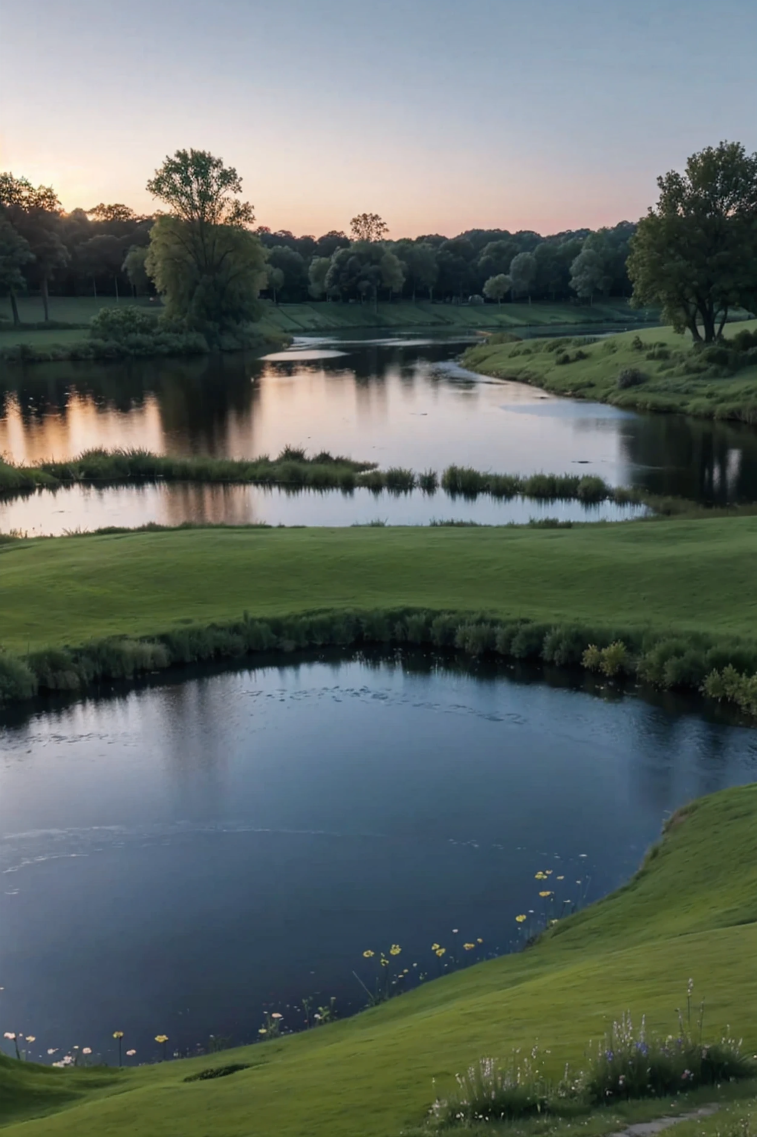 Panoramic view of waterside meadows and ponds in the evening