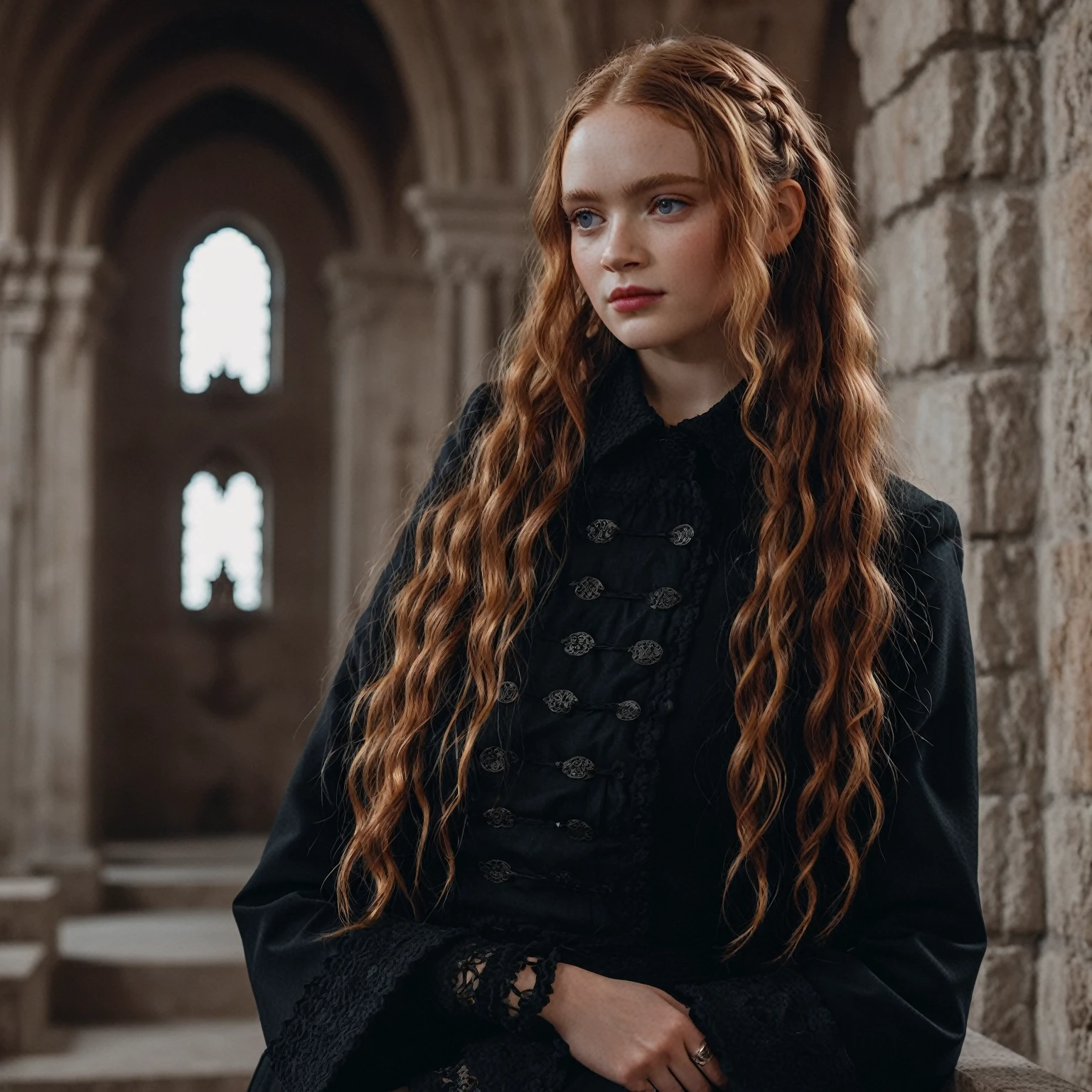 photo of (ohwx woman) as Wednesday Adamas, wearing gothic clothes, braided pigtails, in a castle, sharp focus, looking at the camera, makeup, cinematic look