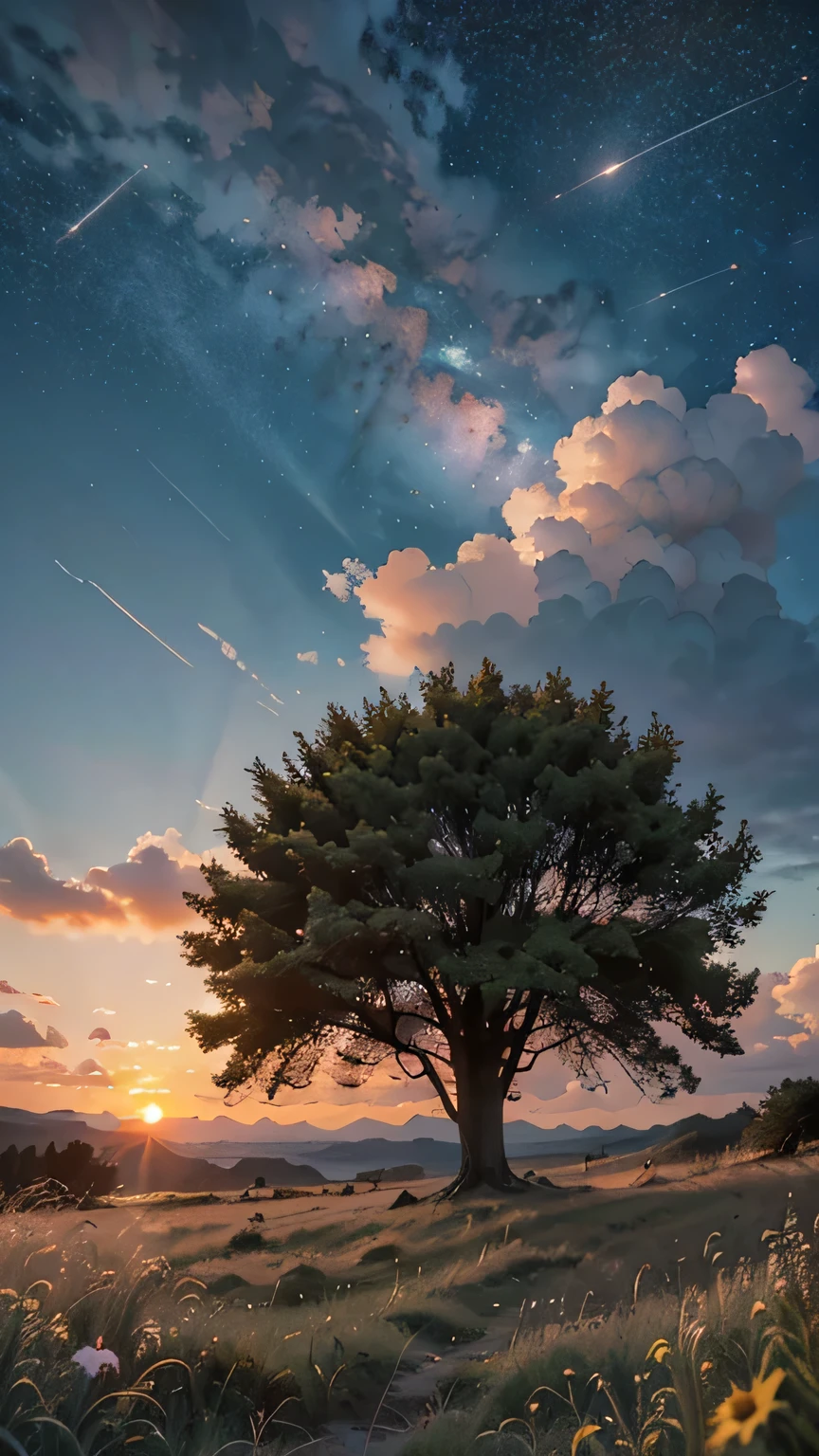 view from below with a view of the sky and the wilderness below, tree, cloud, scenery, outdoors, grass, sunset, star \(sky\), flowers, starry sky, cloudy sky, no humans, twilight, nature, wind, masterpiece, best quality, very aesthetic, absurdres