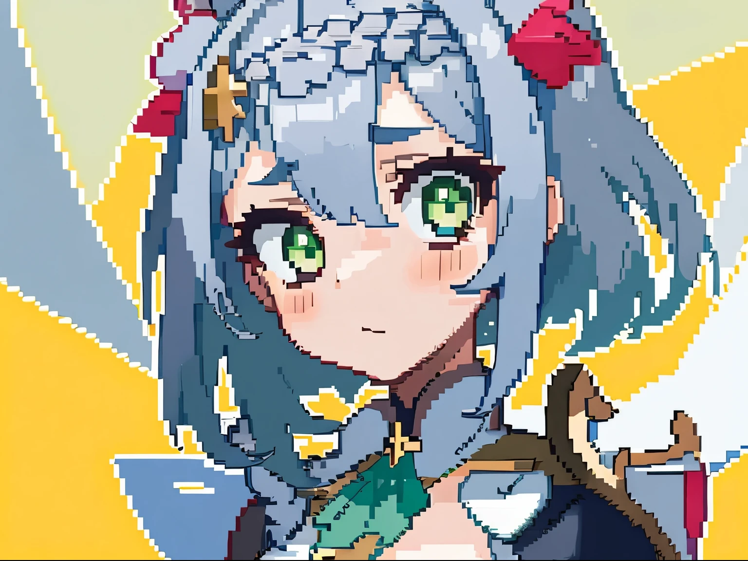 masterpiece, high quality, hcnone, pixel art, 1girl, noelle genshin impact, silver hair, green eyes, simple gold color background