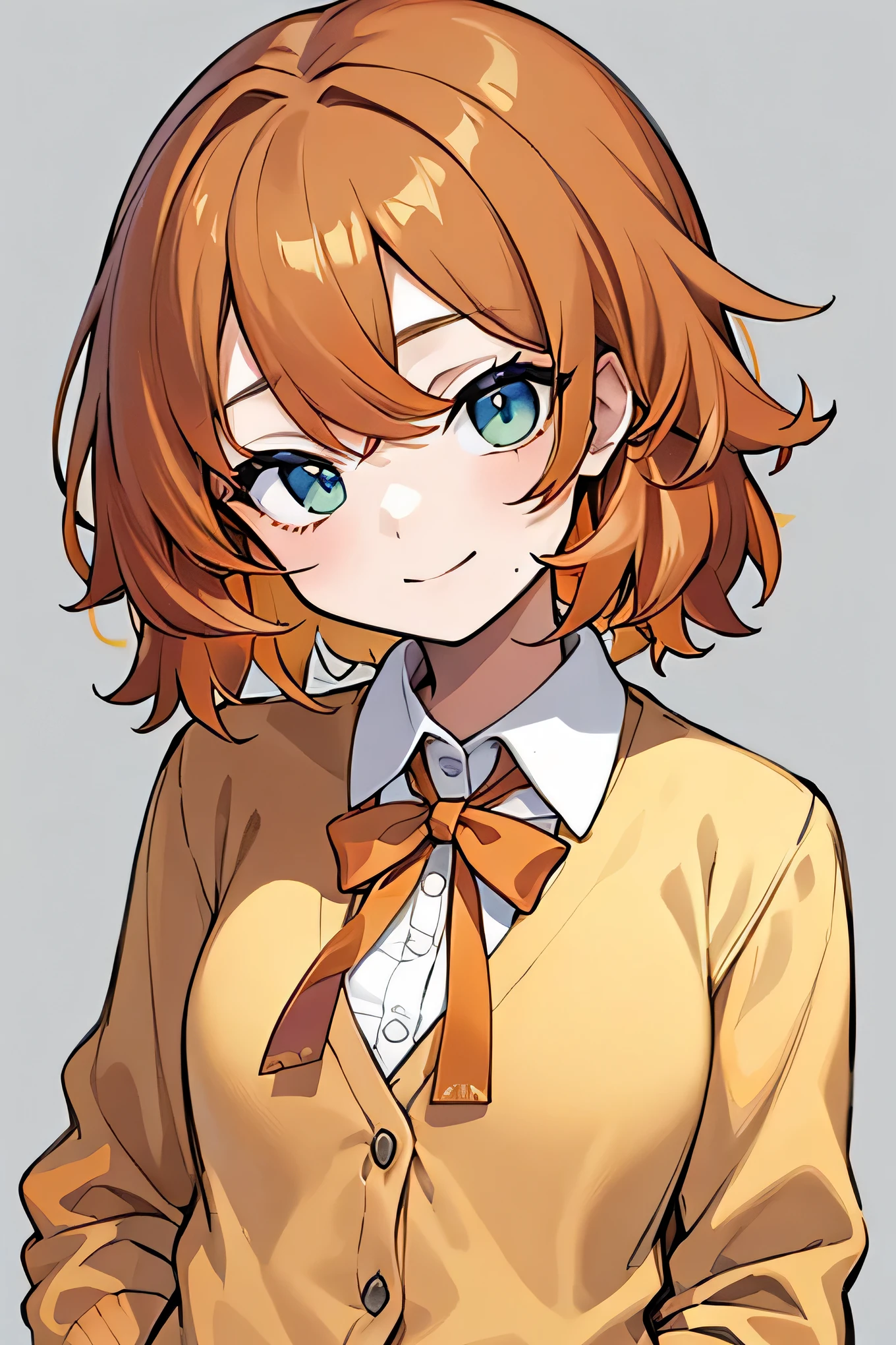 (masterpiece, best quality), mdrin, 
1girl,18 yo, (two-tone hair:2), (2 tone:2), (yello and dark_orange hair:2), (yellow hair:1.5), (dark_orange hair:1.2), (messy hair:1.5), ahoge, short hair, (curly:0.8), hair ribbon,

BREAK, cyan eyes,looking at viewer, head tilt ,smile, (close-up face:0.6), 

BREAK , (shirt tucked in:1.2), (white collared shirt:1.4), long sleeves, (red neck ribbon:1.1), (beige cardigan:1.2)