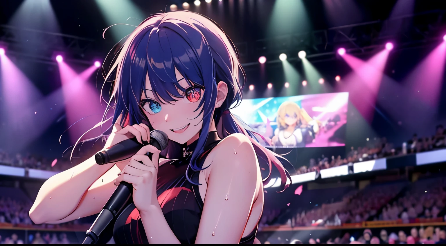 heterochromia、red eyes,yellow eyes、Idol singer singing with live music、Singing while sweating alone、Have fun with a smile、Hair color is blue hair、Proud Idol、slim figure、The background is the stage