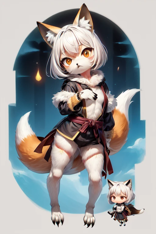 (((Animals,white monster, An illustration, Chibi))), (Sad face, Animals, fox head, wolf carcass, owl back wing, tail snake, four legs),