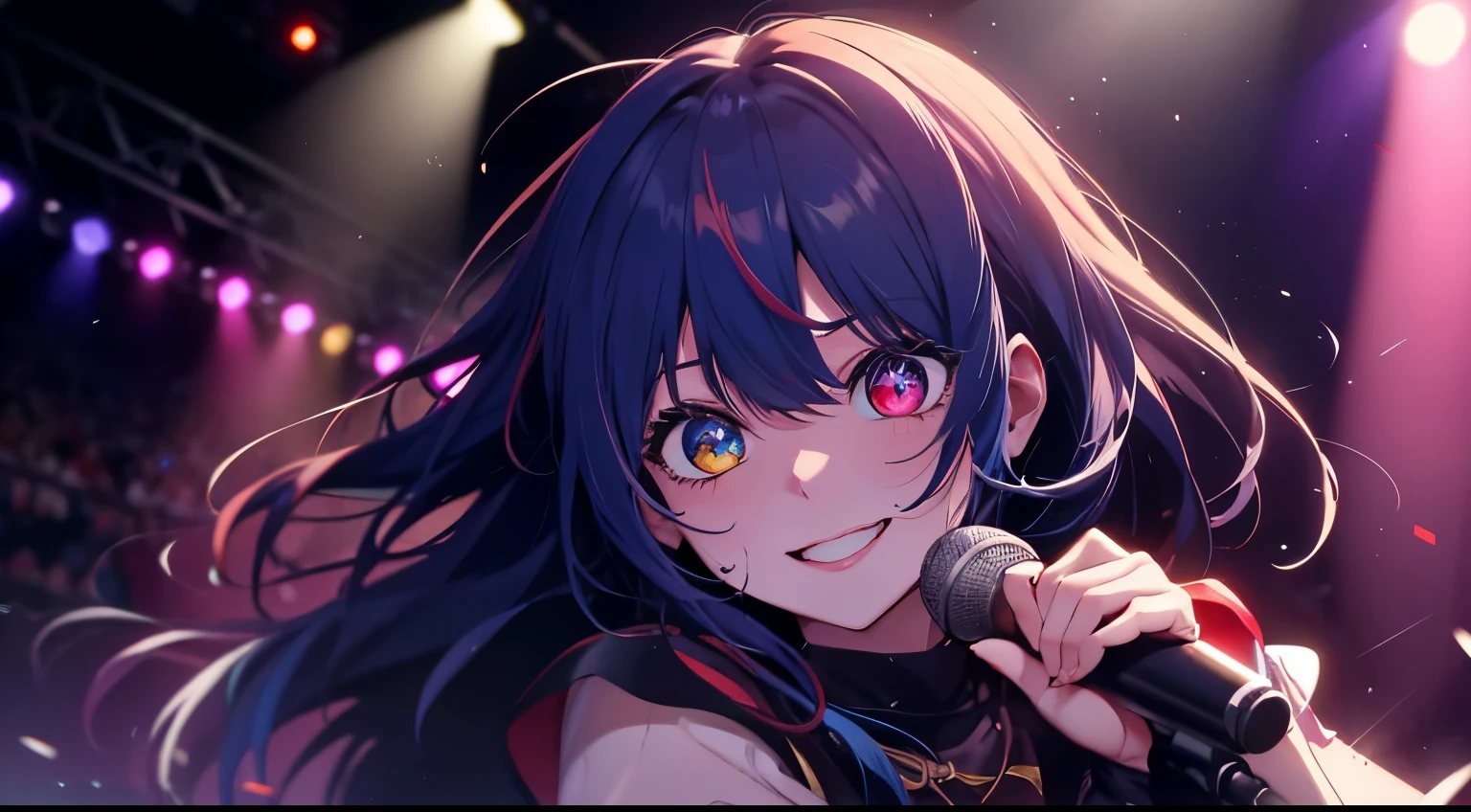 heterochromia、red eyes,yellow eyes、Idol singer singing with live music、Singing while sweating alone、Have fun with a smile、Hair color is blue hair、Proud Idol、slim figure、The background is the stage