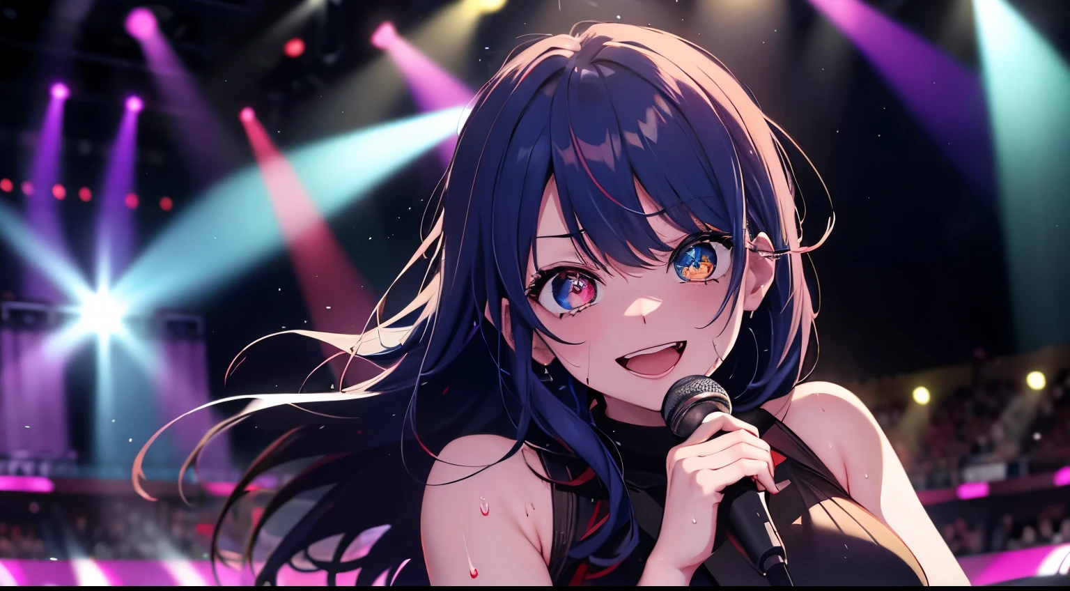 heterochromia、red eyes,yellow eyes、Idol singer singing with live music、Singing while sweating alone、Have fun with a smile、Hair color is blue hair、Proud Idol、slim figure、The background is the stage