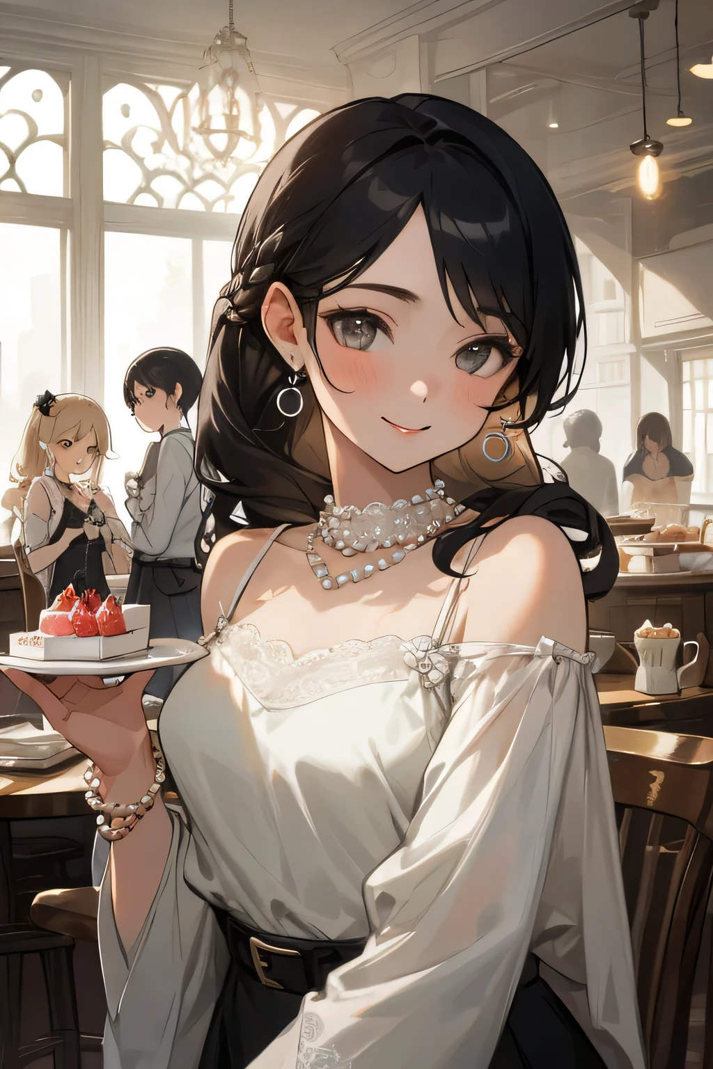 highest quality、High resolution、detailed background、Beautiful and dense face、beautiful and smooth skin、skin texture、cute10代の美少女、(three women)、realistic:1.2、perfect body line、black hair braided ponytail、Calm atmosphere、
happy look、smile、laughter、sexual expression、Upper body、Tea time at the cafe、(Three beautiful girls enjoy cakes and sweets while chatting in a cute cafe.:1.5)、
Choose white or pastel colors for lace tops and flared skirts..、sandals or heels、
If the lace top is transparent, You can wear it elegantly even when layered with an inner camisole..、
Choose a lace blouse in a soft color and add feminine movement with a pleated skirt.、
Adding lace to the sleeves and collar of the blouse makes it even more cute.、
Choose a colorful lace camisole、Add elegance with a midi skirt、cute、Simple and elegant pearl earrings、delicate chain necklace、
A watch that gives an elegant and sophisticated impression、It is a good idea to choose a design that matches your taste and clothing..、leather belt, metal belt、
A simple bracelet that looks great on your wrist、Thin chain and simple design、thin ring on fingertip、Pay attention to proper balance and layering、cute