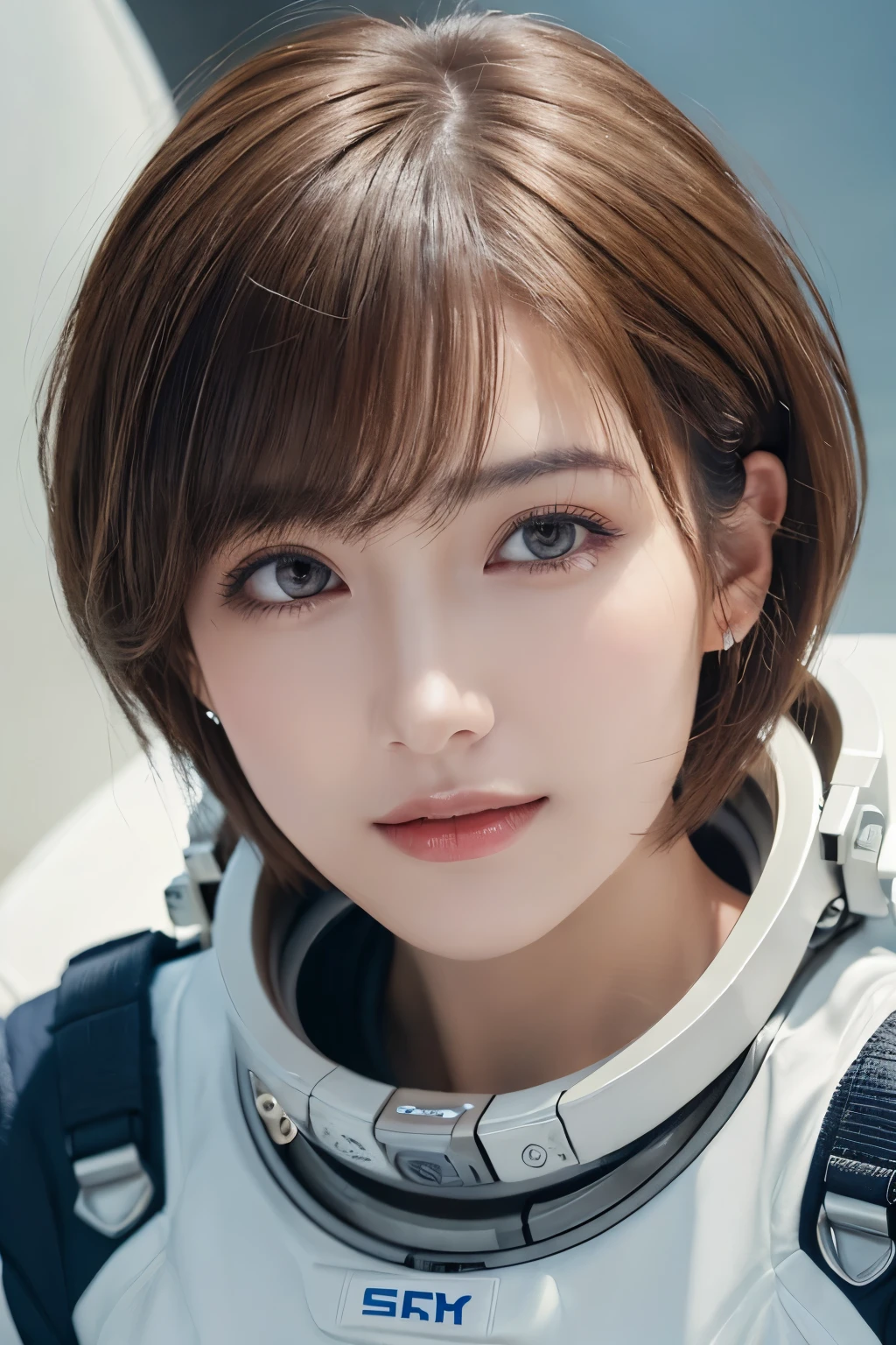highest quality、masterpiece、ultra high resolution、(real:1.4)、Beautiful woman１、Beautiful details of eyes and skin、light brown short cut hair、small smile、perfect spacesuit、spaceship、cloudy sky、