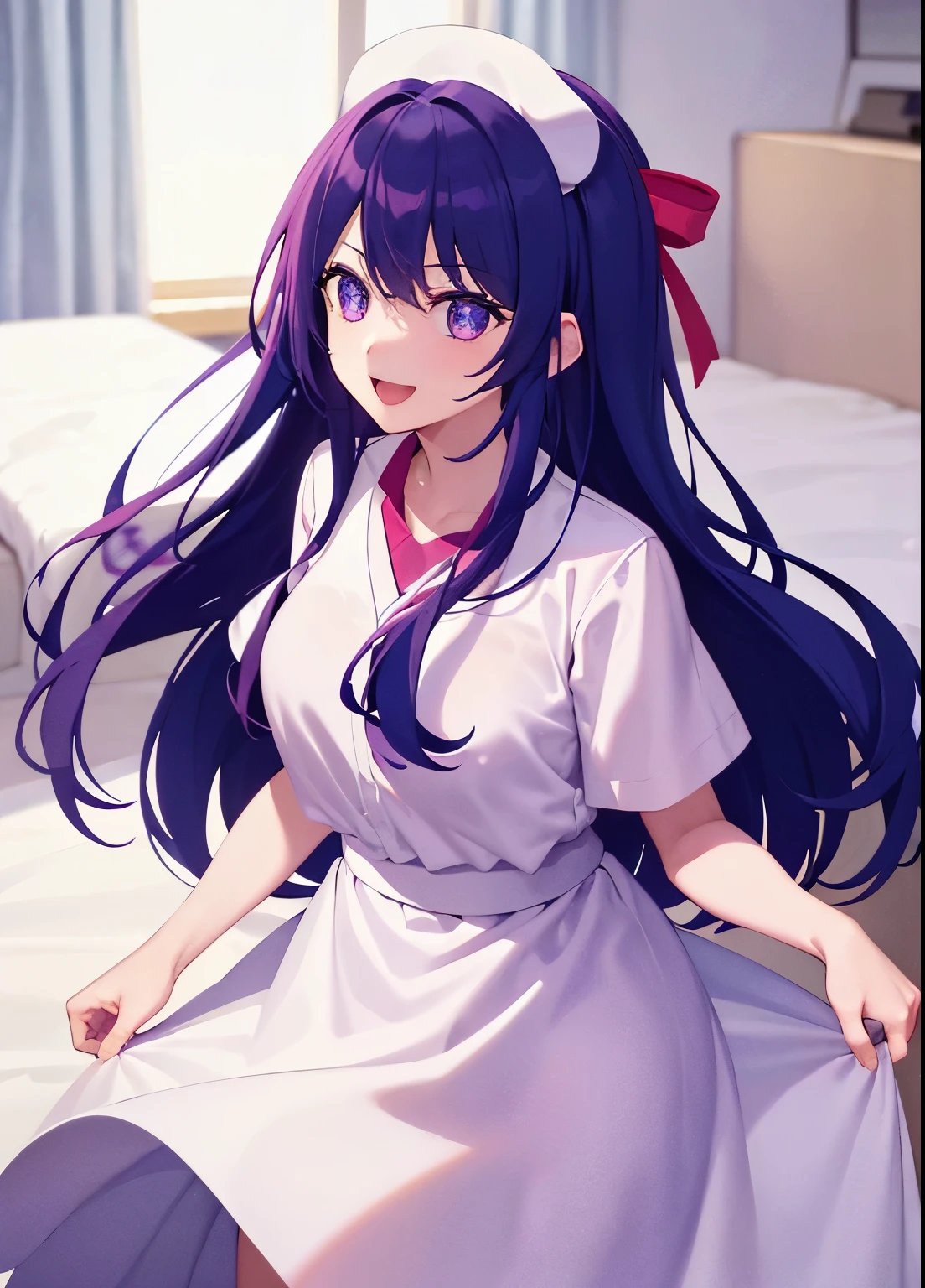 one-girl,nurses((There is a five-pointed star in the eye))Gorgeous Hair in Long Purple,Smile,Open mouth ,nurses,hospitals,White nurse clothes,White nurse hat,looki at viewer,Blood