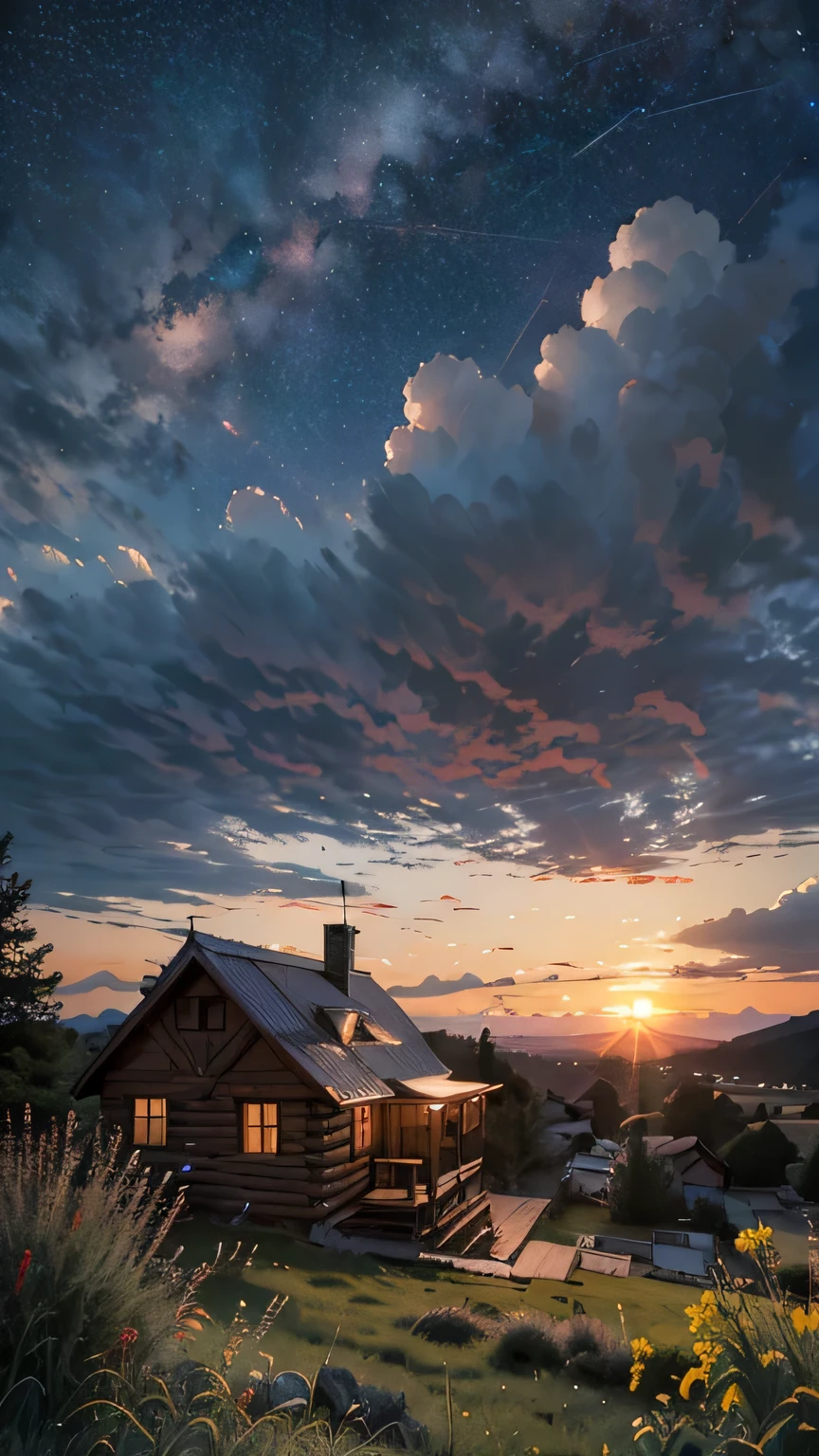 view from below with a view of the sky and the wilderness below,small cabin under the tree, cloud, scenery, outdoors, grass, sunset, star \(sky\), flowers, starry sky, cloudy sky, no humans, twilight, nature, wind, masterpiece, best quality, very aesthetic, absurdres