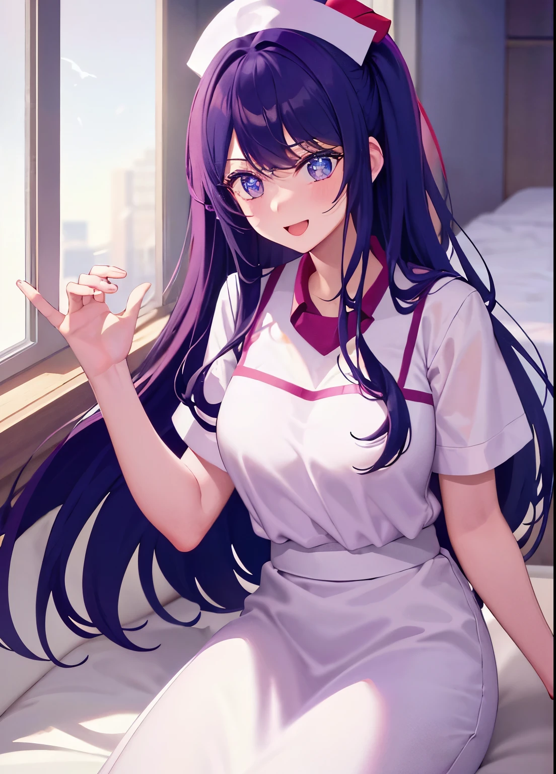 one-girl,nurses((There is a five-pointed star in the eye))Gorgeous Hair in Long Purple,Smile,Open mouth ,nurses,hospitals,White nurse clothes,White nurse hat,looki at viewer,Blood