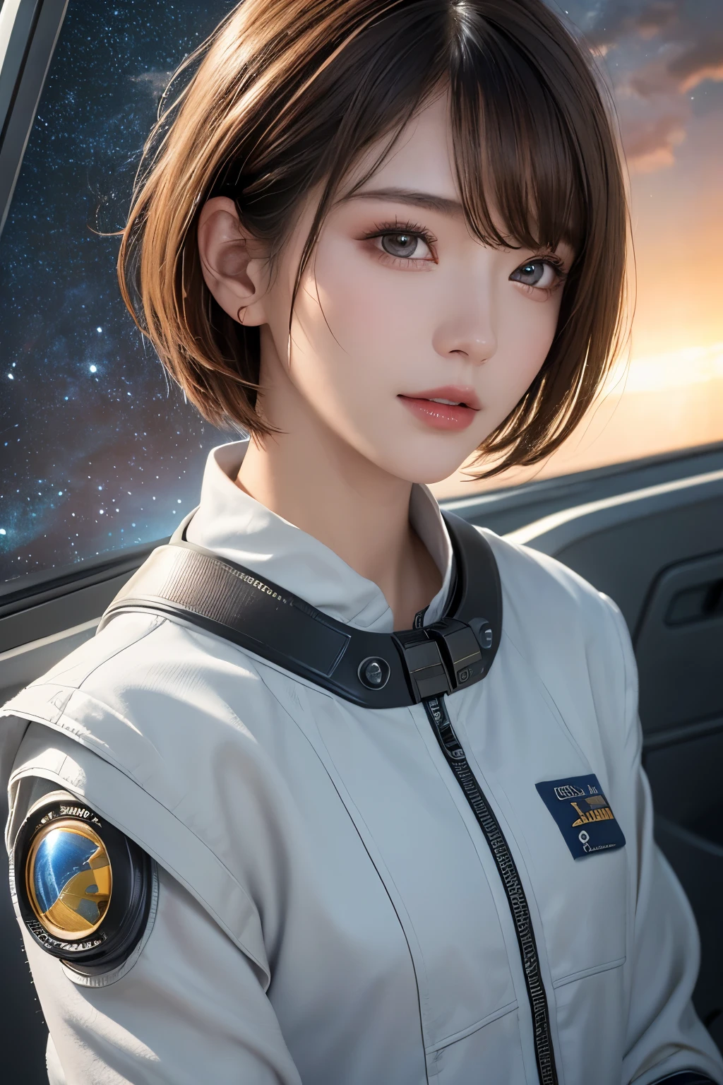highest quality、masterpiece、ultra high resolution、(real:1.4)、Beautiful woman1、Beautiful details of eyes and skin、light brown short cut hair、small smile、perfect spacesuit、spaceship、Remains、cloudy sky、