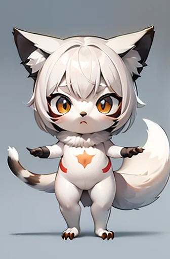 (((Animals,white monster, An illustration, Chibi))), (Sad face, Animals, fox head, wolf carcass, owl back wing, tail snake, four legs)