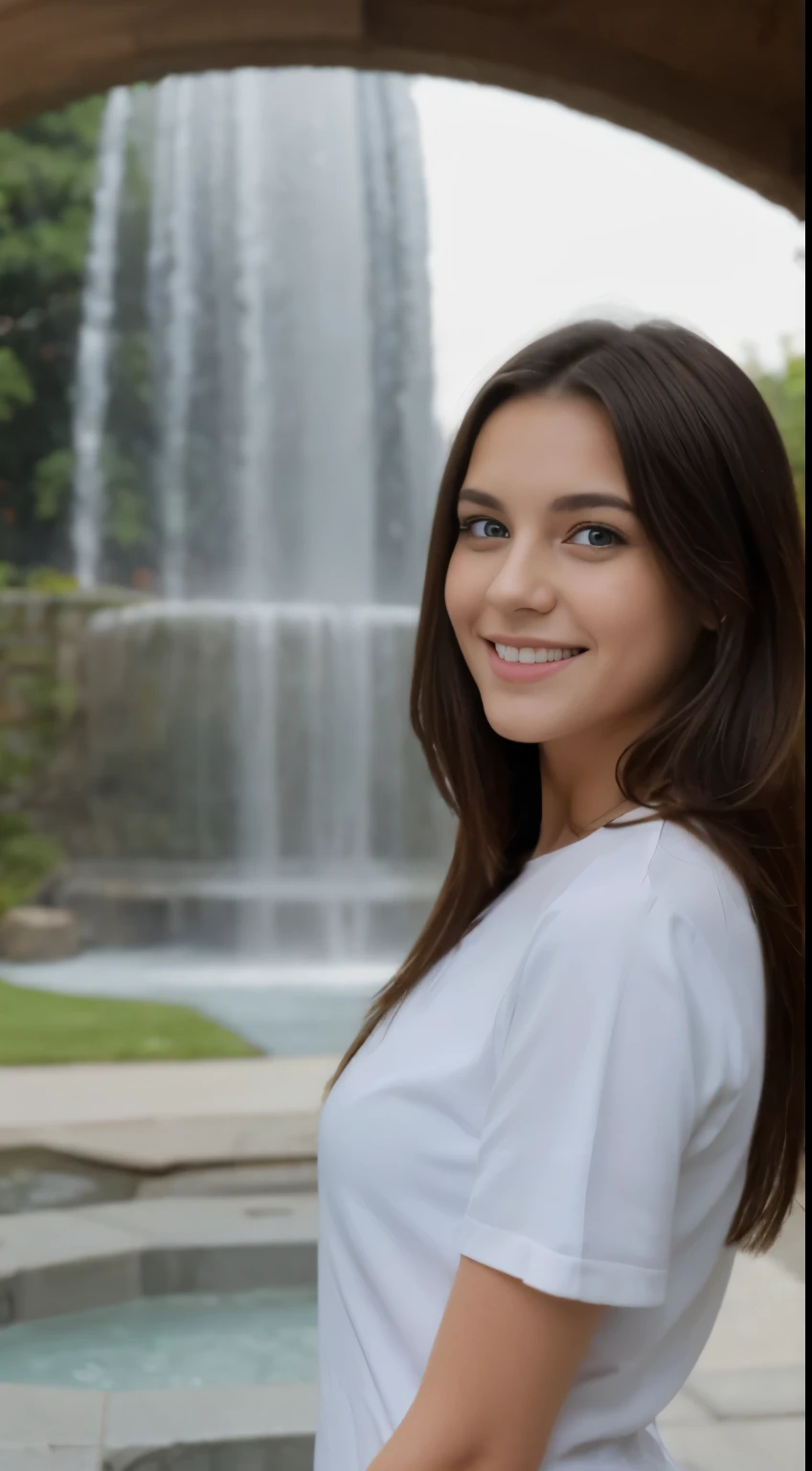 A photo of a 19 years old girl wearing full Nurse uniform with seducing pose,  with long dark brown hair styled in a big way, blue eyes, and natural-looking makeup. She should be looking directly at the camera and smiling while standing. The focus should be on her face without any visible makeup. stairs and fountain blur background