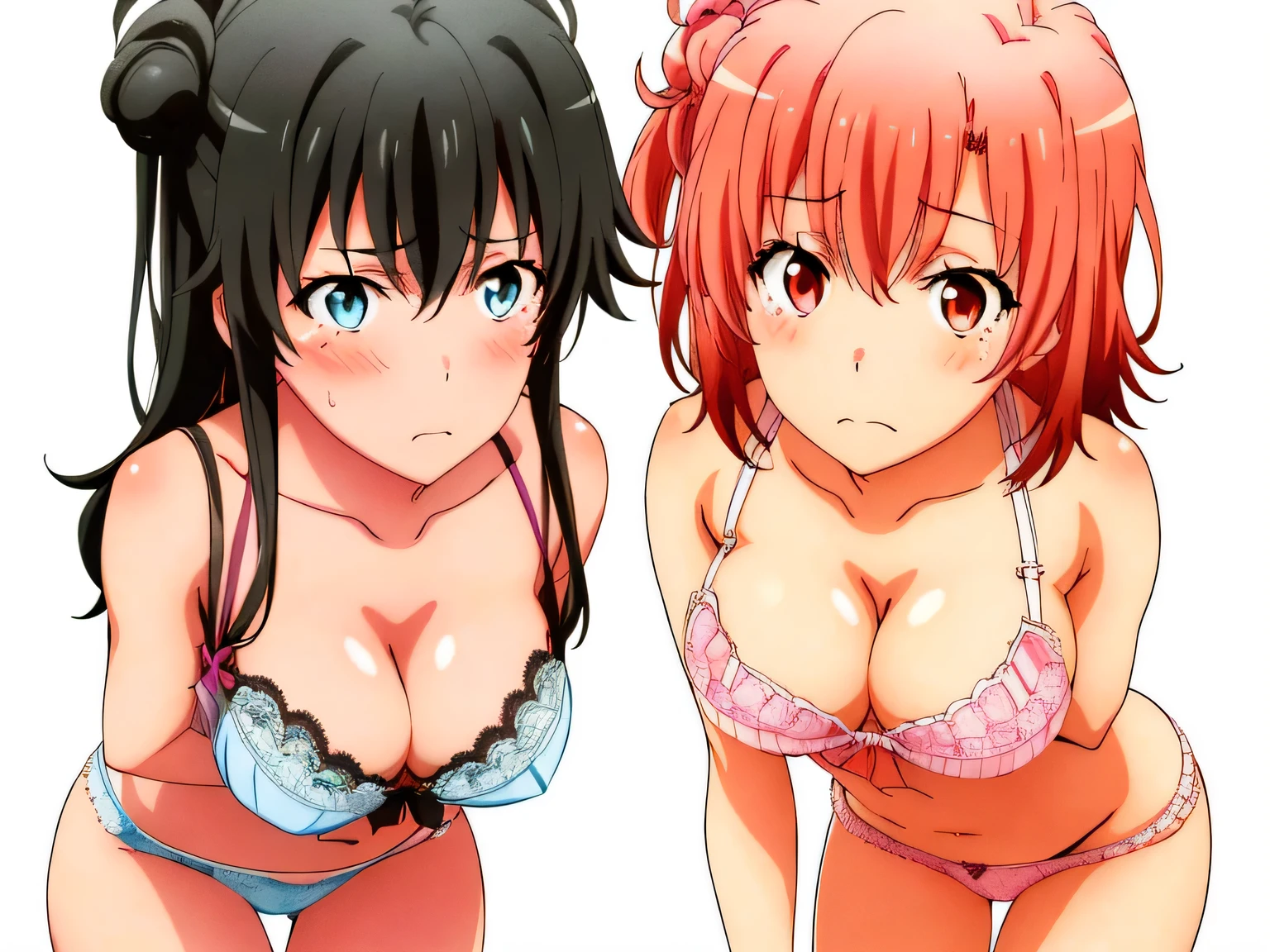 ((2 girls ), ((yuigahama yui is bust and ヒップライン are great)),((Yukinoshita Yukino)),In perverted underwear,they have their hands behind their backs,(Bra with nipple bulge line),Shiny bra,belly button,,(pink lace panties:1.0),(white panties:1.0),Ribbon on panties,(thighs),knees,((high angle:1.0)),(beautiful eyes),look at the camera,blush,troubled face,Insert your head