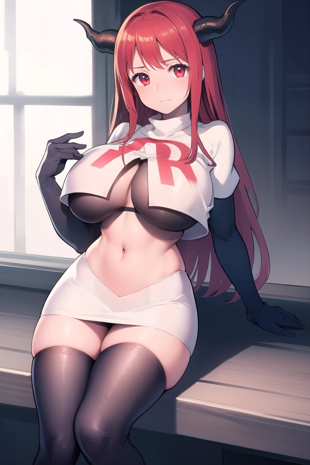masterpiece, best quality, maou, horns,large breasts, looking at viewer, shiny skin, team rocket,team rocket uniform, red letter R, white skirt,white crop top,black thigh-highs,black elbow gloves