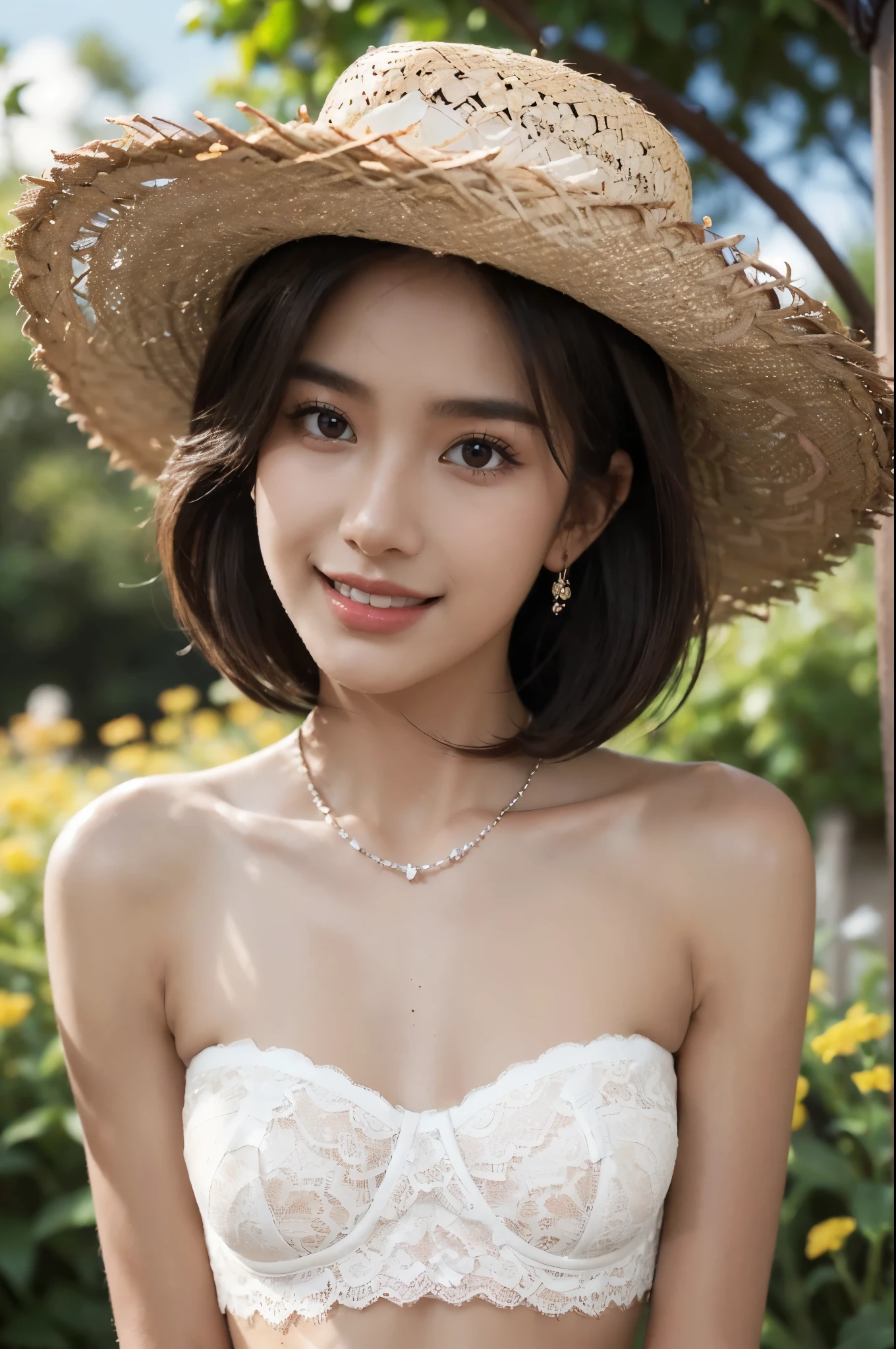 ((((8k))),((Extremely meticulous CG)) ,(wallpaper),16k,((Extremely refined and beautiful)),(((Masterpiece))),(((best qualtiy))),(((Ultra High Resolution))),beautiful light up,Perfect lightning,realistic shaded,((high resolution)),(Smooth and flawless skin:1.5),(dark-tanned skin:1.9),(bronzed skin:1.5),(Extremely exquisite facial details:1.2),(perfect body:1.1),(ultra-detailed),((A beautiful girl,solo)),(small head:1.2),(straw hat:1.3),(shoulder-length straight bob hair:1.2),(small face:1.2),(baby face:1.3),(Exquisite makeup:1.2),(earrings:1.2),(necklace:1.2),(small breasts:1.2),(flat chests:1.2),((slim,thin)),(laughing:1.2),(happy:1.2),(strapless lace bra:1.5),(day scene:1.3),(bright sunshine:1.3),(outdoor:1.2),(early spring:1.3),(in the garden:1.3),(The flowers bloom luxuriantly:1.2),(detailed background:1.5),(standing:1.3),(close-up of face:1.3),(from front:1.2),