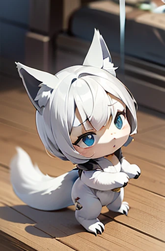 (((Animals,white monster, An illustration, Chibi))), (Sad face, Animals, fox head, wolf carcass, owl back wing, tail snake, four legs)