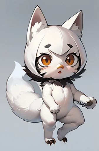 (((Animals,white monster, An illustration, Chibi))), (Sad face, Animals, fox head, wolf carcass, owl back wing, tail snake, four legs)