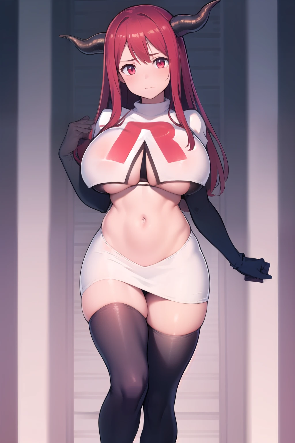 masterpiece, best quality, maou, horns,large breasts, looking at viewer, shiny skin, team rocket,team rocket uniform, red letter R, white skirt,white crop top,black thigh-highs,black elbow gloves