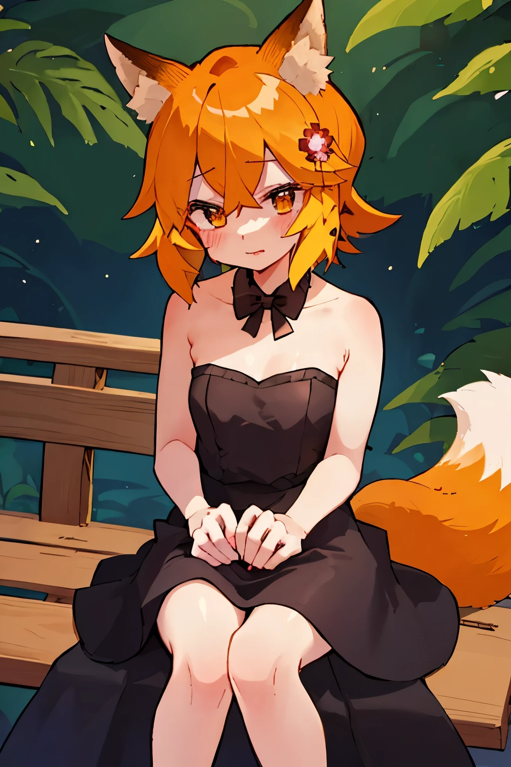 masterpiece, best quality, highly detailed, sen, animal ears, fox ears, fox girl, fox tail, hair flower, hair ornament, orange eyes, orange hair, short hair, tail, blush, looking at viewer, , girl, small breasts, detailed hands, keqing (opulent splendor) (genshin impact), official alternate costume, dress, night, strapless dress, looking at viewer, cleavage, black dress, strapless, bare shoulders, bangs, bow, detached collar, ribbon, double bun, two-tone dress, hair ornament, black bow, hair ribbon, blue dress, bowtie, sitting on bench