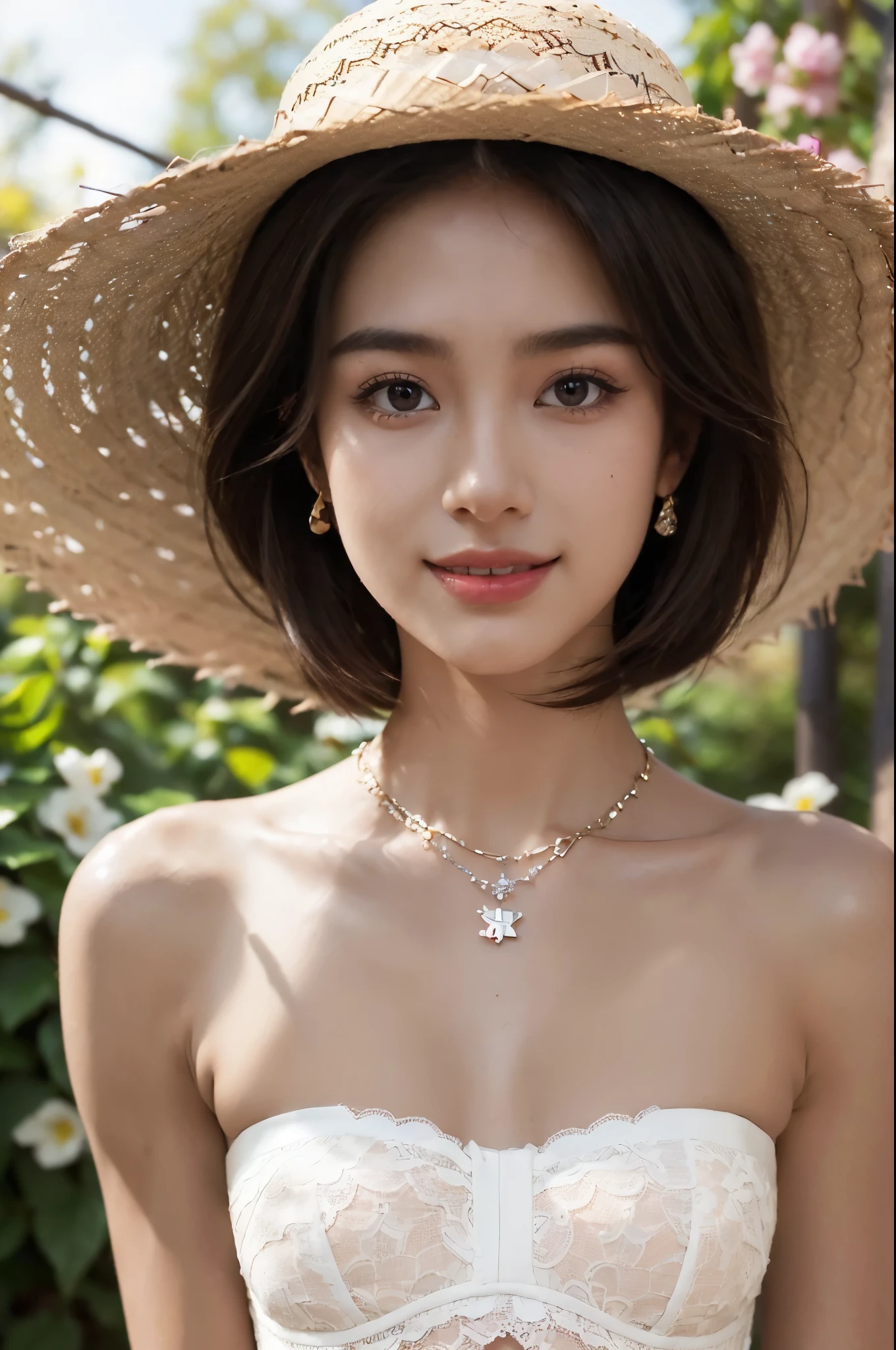 ((((8k))),((Extremely meticulous CG)) ,(wallpaper),16k,((Extremely refined and beautiful)),(((Masterpiece))),(((best qualtiy))),(((Ultra High Resolution))),beautiful light up,Perfect lightning,realistic shaded,((high resolution)),(Smooth and flawless skin:1.5),(dark-tanned skin:1.9),(bronzed skin:1.5),(Extremely exquisite facial details:1.2),(perfect body:1.1),(ultra-detailed),((A beautiful girl,solo)),(small head:1.2),(straw hat:1.3),(shoulder-length straight bob hair:1.2),(small face:1.2),(baby face:1.3),(Exquisite makeup:1.2),(earrings:1.2),(necklace:1.2),(small breasts:1.2),(flat chests:1.2),((slim,thin)),(laughing:1.2),(happy:1.2),(strapless lace bra:1.5),(day scene:1.3),(bright sunshine:1.3),(outdoor:1.2),(early spring:1.3),(in the garden:1.3),(The flowers bloom luxuriantly:1.2),(detailed background:1.5),(standing:1.3),(close-up of face:1.3),(from front:1.2),