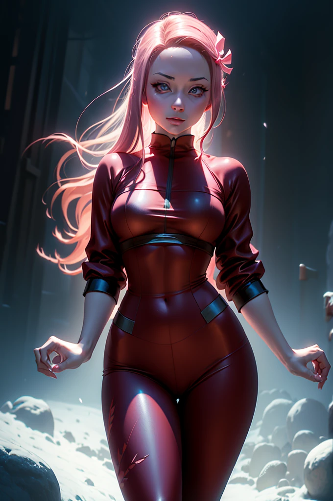 cocotte, space setting, earth in background, standing on moon, large tits, small waist, athletic body, fit body, skintight suit, hard nipples, high definition, 8k, best quality1:4, cinematic lighting, blush, pink hair