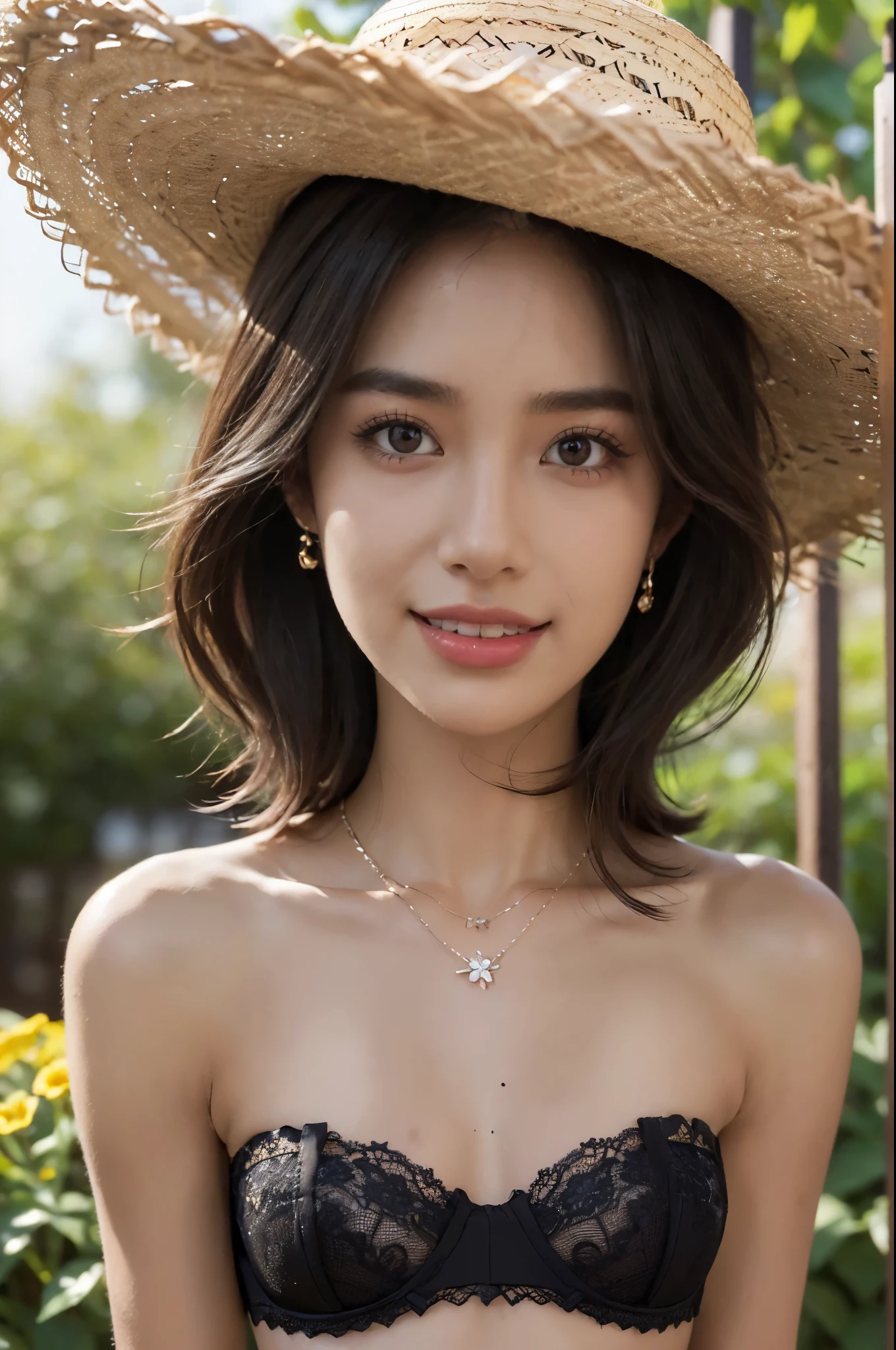 ((((8k))),((Extremely meticulous CG)) ,(wallpaper),16k,((Extremely refined and beautiful)),(((Masterpiece))),(((best qualtiy))),(((Ultra High Resolution))),beautiful light up,Perfect lightning,realistic shaded,((high resolution)),(Smooth and flawless skin:1.5),(dark-tanned skin:1.9),(bronzed skin:1.5),(Extremely exquisite facial details:1.2),(perfect body:1.1),(ultra-detailed),((A beautiful girl,solo)),(small head:1.2),(straw hat:1.3),(shoulder-length straight bob hair:1.2),(small face:1.2),(baby face:1.3),(Exquisite makeup:1.2),(earrings:1.2),(necklace:1.2),(small breasts:1.2),(flat chests:1.2),((slim,thin)),(laughing:1.2),(happy:1.2),(strapless lace bra:1.5),(day scene:1.3),(bright sunshine:1.3),(outdoor:1.2),(early spring:1.3),(in the garden:1.3),(The flowers bloom luxuriantly:1.2),(detailed background:1.5),(standing:1.3),(close-up of face:1.3),(from front:1.2),