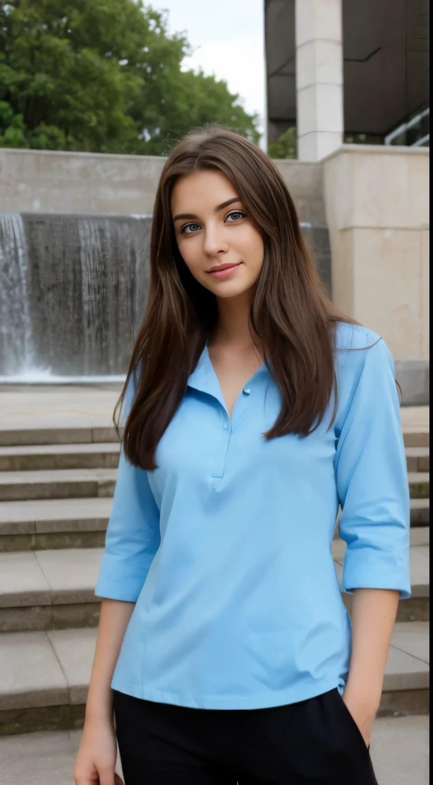 Create an RPG style scene of a beautiful brunette woman with blue eyes and a short skirt! a polo shirt walking down the street