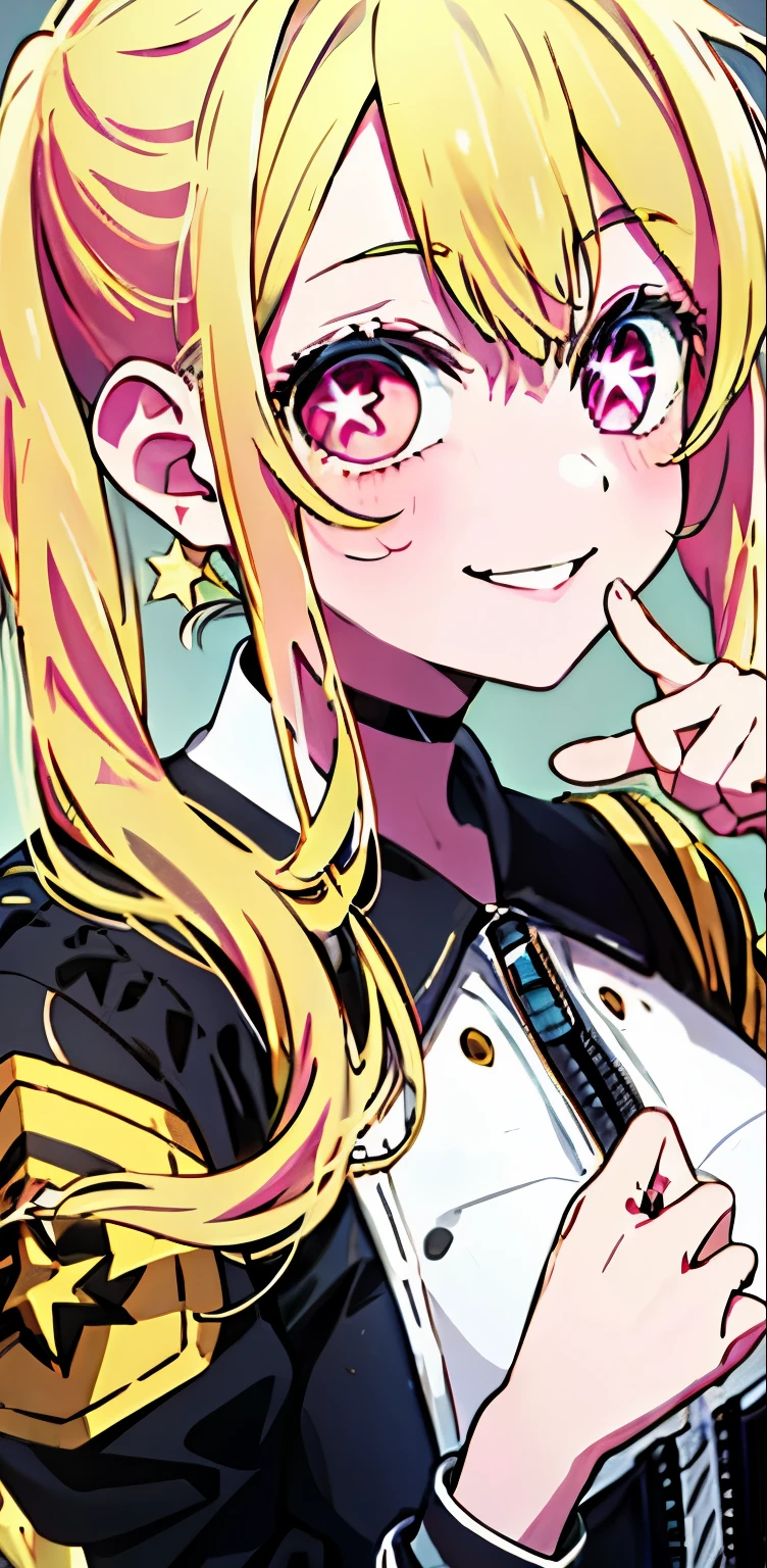 Original Character , 1girl, (mad smile:1.2) , blond hairbl , By bangad eyes , Place your hands on your face , Yellow and black color scheme, with her mouth open, (largeeyes:1.2), glowing light eyes, Left star-shaped eye, Star-shaped eyes, Pink eyes