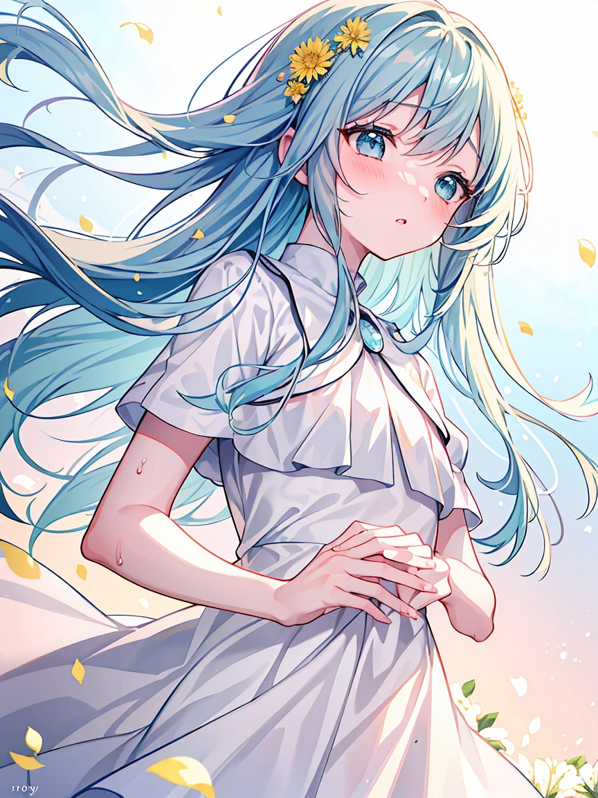 , (((wet))),, detailed hair, (beautiful big round eyes), (ultra-intricate pupil in eyes, shiny eyes), long eyelashes, double eyelids, parted lips, kawaii, cute, ( flat chest), slender, (ultra delicate and beautiful skin), insanely detailed clothes, perfect anatomy, dynamic angle, BREAK (masterpiece, best quality), (ultra-detailed 8K), (perfect design), absurdres, highres, ((blush)), (super fine illustration), (((light blue long hair))),pale blue hair, 10 years old, long hair ((blush)), masterpiece, best quality, (amazing, beautiful detailed eyes, blunt bangs), high resolution, cute face, masterpiece, best quality, extremely detailed, anime, beautiful girl, bright hair, wind, solo, depth of field, masterpiece, best quality, extremely detailed, (PHOTO BACKGROUND: 1.3), SMALL BREASTS,depth of field, bokeh, Top Quality, Highly Detailed, Retro, Antique, Vintage, Nostalgia, Advertising Art, girl　Enjoying the Scent of Flowers, Picking Dandelions with Ichirin Fingers, Petals Close to Nose, Solo, looking down at flowers with half-closed eyes, (downcast, half-lids closed), cream-colored dress, white background, pastel colors, rainbow colors
