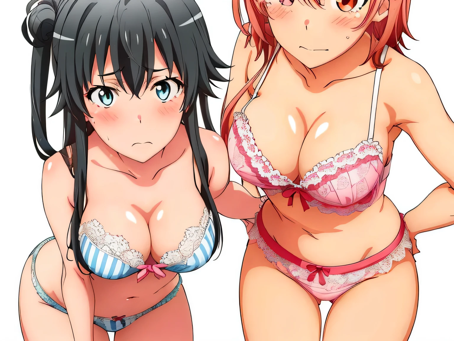 ((2 girls ), ((yuigahama yui is bust and ヒップライン are great)),((Yukinoshita Yukino)),pin up,In perverted underwear,they have their hands behind their backs,(Bra with nipple bulge line),Shiny bra,belly button,,(pink lace panties:1.0),(white panties:1.0),Ribbon on panties,(thighs),knees,((high angle:1.0)),(beautiful eyes),look at the camera,blush,troubled face,Insert your head
