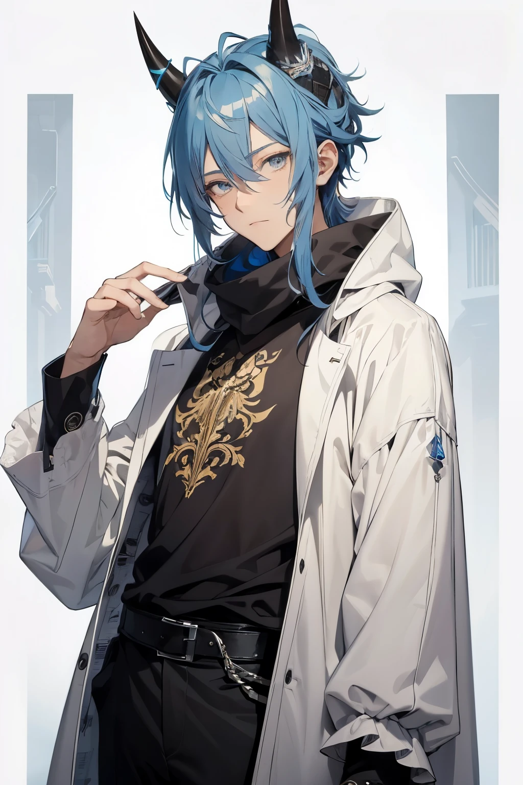 (masterpiece): A stunning ultra-detailed 2D artwork of a sweet boy with blue and yellow hair, middle long hair, and a small black horn. (best quality): This masterpiece is crafted with the best quality, showcasing every strand of his hair and the intricate details of his small black horn. (ultra-detailed): The boy's features are depicted with utmost precision, from the texture of his grey eyes to the wrinkles of his white scarf and the stitching on his dark grey long sleeve t-shirt.