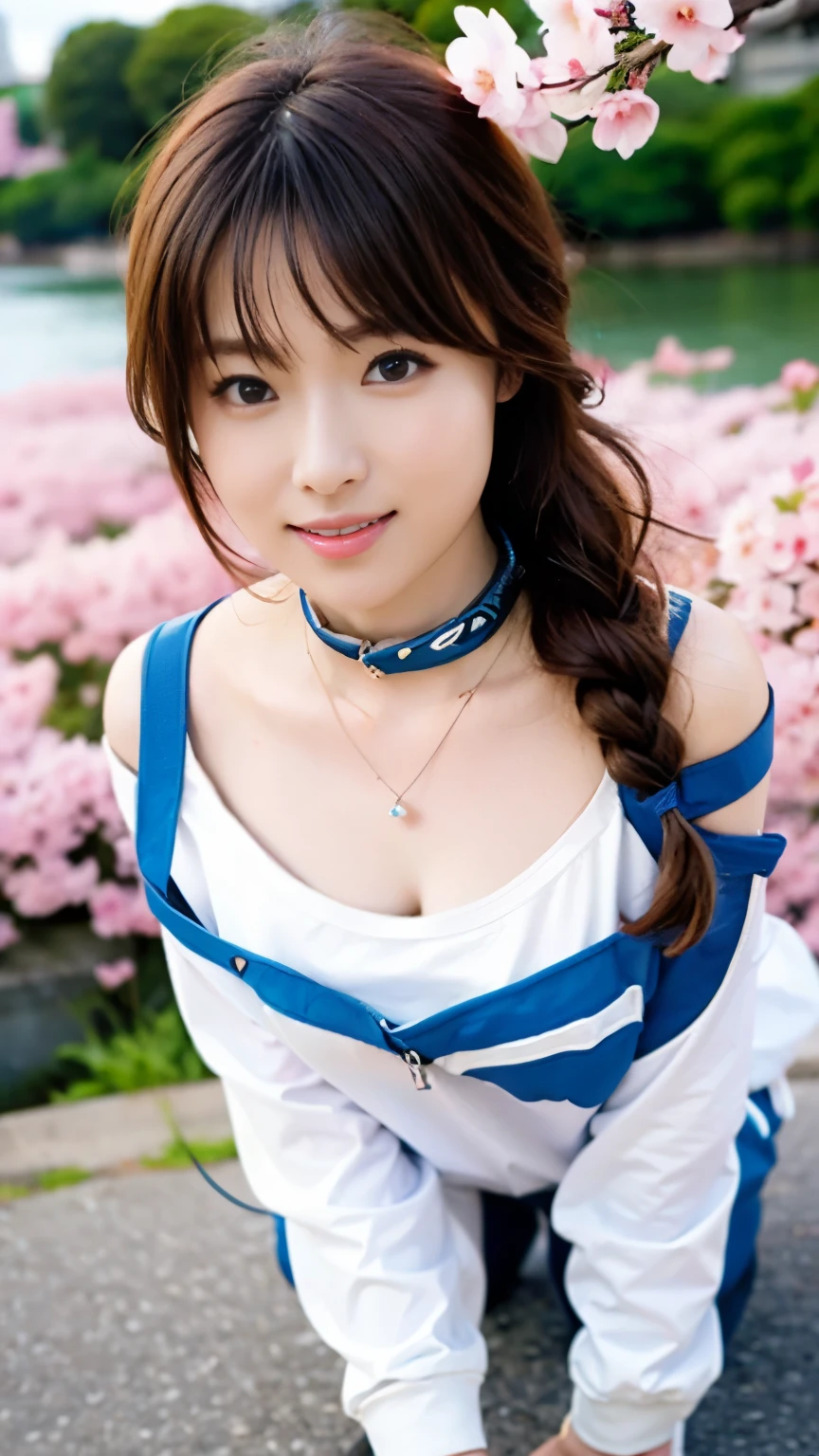 (((perfect anatomy))),(A 20-year-old beautiful woman is taking a walk with her large dog along a beautiful riverside embankment with cherry blossoms in full bloom.),A 20-year-old woman who looks good in necklaces and earrings,A men's T-shirt and checkered linen baggy pants are wonderful.,(((Cute walking with your dog on a leash))),(A full body shot of her and the dog from a high angle on the side.),best image quality,professional angle of view,excellent details,ultra high resolution,realistic:1.4),high detail,focus on details,High concentration of 1girls,Beautiful chestnut hair braided together,Delicate high nose and glossy lips,beautiful face,Eyes are drawn to her long limbs and slim waist like a model.,The white sneakers stand out against the beautifully toned ankles visible from the short hem.,