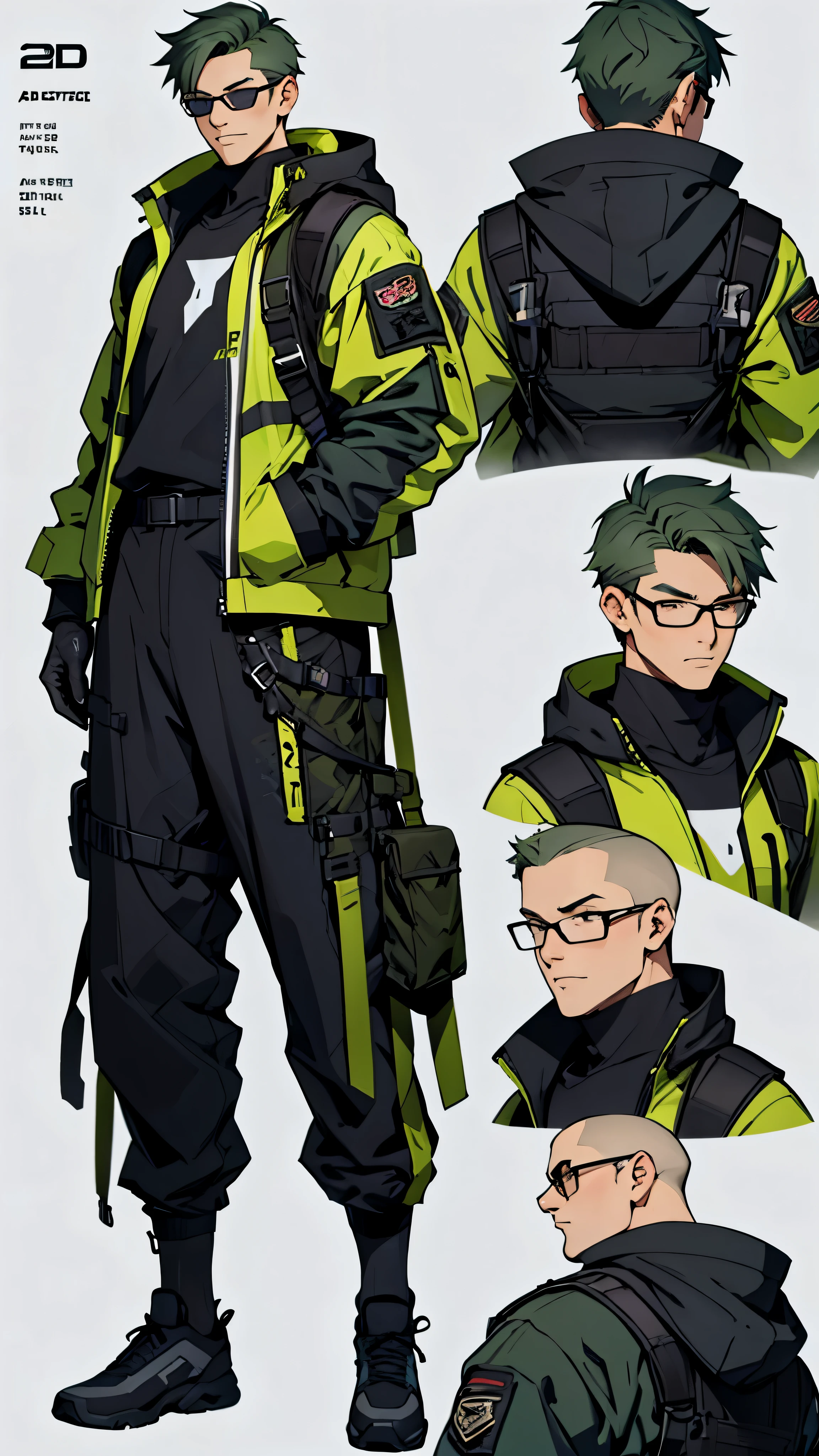 character reference sheet, concept art, gamer, one man, green short hair, gray tactical jacket, wearing glasses, anime, UHD, rough skin, Super detailed, advanced details, highest quality, High resolution, 8K