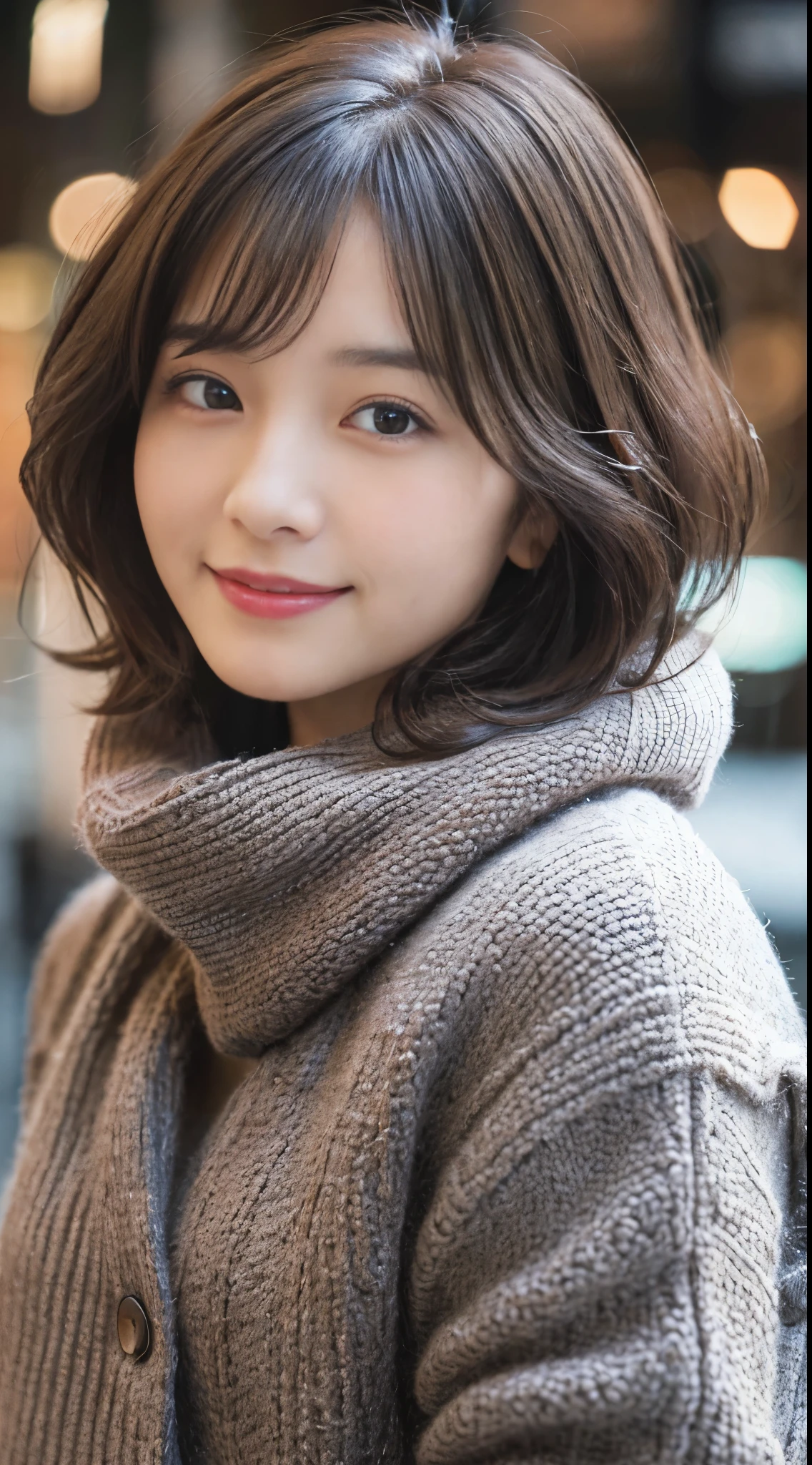 close up shot、look at the camera、(high quality, High resolution, Super detailed, realistic:1.37), ((short hair))curly hair、、B cup、Features beautiful details, cute(smile 1.6), ⦅black hair⦆、Tokyo'Latest gray fluffy winter clothes、In town