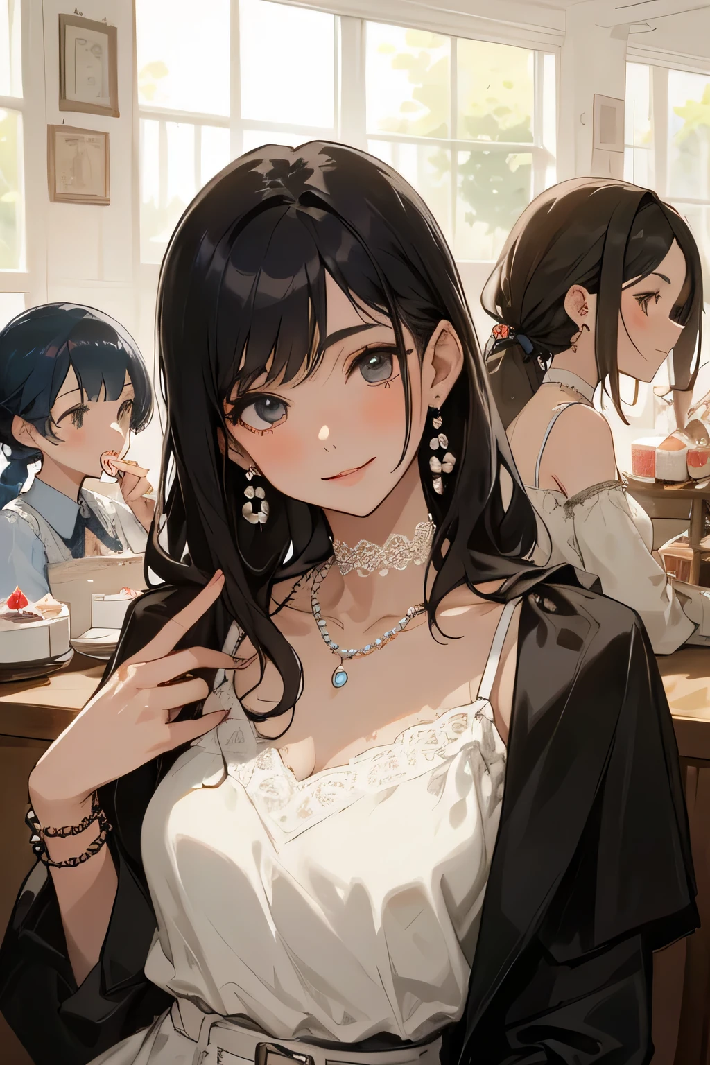 highest quality、High resolution、detailed background、Beautiful and dense face、beautiful and smooth skin、skin texture、cute10代の美少女、(three women)、realistic:1.2、perfect body line、black hair braided ponytail、Calm atmosphere、
happy look、smile、laughter、sexual expression、Upper body、Tea time at the cafe、(Three beautiful girls enjoy cakes and sweets while chatting in a cute cafe.:1.5)、
Choose white or pastel colors for lace tops and flared skirts..、sandals or heels、
If the lace top is transparent, You can wear it elegantly even when layered with an inner camisole..、
Choose a lace blouse in a soft color and add feminine movement with a pleated skirt.、
Adding lace to the sleeves and collar of the blouse makes it even more cute.、
Choose a colorful lace camisole、Add elegance with a midi skirt、cute、Simple and elegant pearl earrings、delicate chain necklace、
A watch that gives an elegant and sophisticated impression、It is a good idea to choose a design that matches your taste and clothing..、leather belt, metal belt、
A simple bracelet that looks great on your wrist、Thin chain and simple design、thin ring on fingertip、Pay attention to proper balance and layering、cute