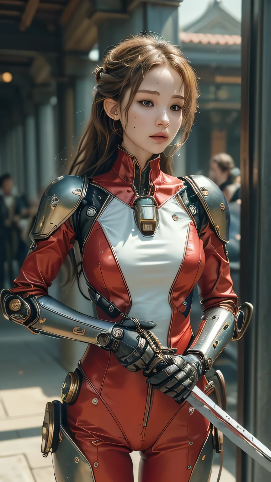 Textured skin, Super Detail, high details, High quality, Best Quality, hight resolution, 1080p, hard disk, Beautiful,(cyborgs),(Missiles from the chest),(Machine gun from both handeautiful cyborg woman,Mecha Cyborg Girl,Battle Mode,Girl with a Mecha Body,She wears a battle cyborg mech with a weapon,Fulll body Shot.red suit. she is holding a katana sword, pulling the katana out of its sheath, she is holding a sword.Jennifer lawrence. she is holding a katana sword, pulling the katana out of its sheath, she is holding a sword.