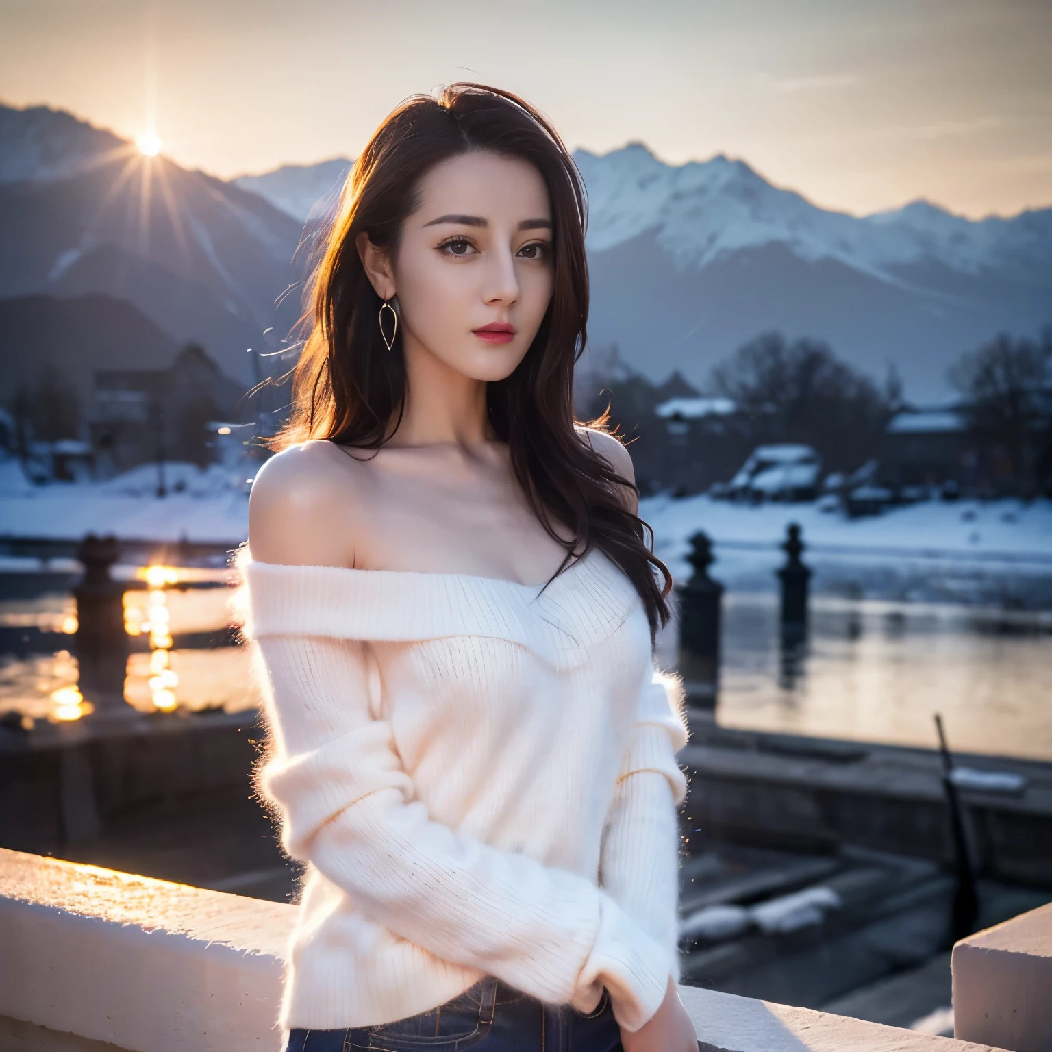 ((top quality、8k、Masterpiece:1.3))、Extremely delicate and beautiful girl,full-body shot,huge breasts,bigger breasts,amazing breast size,G cup。Wear big earrings,Very white skin,moist red lips,Waist is very thin,Thighs are very thin,big butt,fair and smooth skin,Smooth and fair skin,flawless skin,Fair and shiny skin,cold white skin,The camera focuses on the chest,Bright light,white sweater,Lower body exposed,bare shoulders,light pink hair,The hair is light pink,heavy snow,snow mountain,sunset,lake