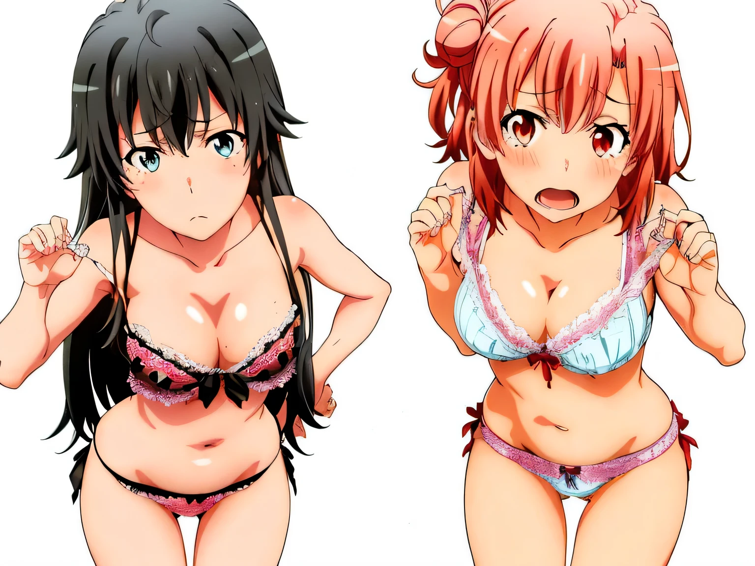 ((2 girls ), ((yuigahama yui is bust and ヒップライン are great)),((Yukinoshita Yukino)),pin up,In perverted underwear,they have their hands behind their backs,(Bra with nipple bulge line),Shiny bra,belly button,,(pink lace panties:1.0),(white panties:1.0),Ribbon on panties,(thighs),knees,((high angle:1.0)),(beautiful eyes),look at the camera,Yuigahama Yui Blush,troubled face,Insert your head