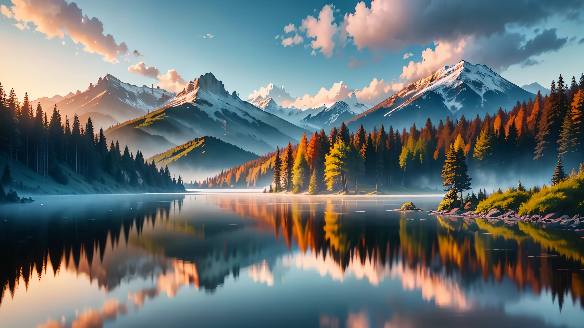 Game CG,Highest picture quality,Masterpiece,(There was a misty forest by the lake, and the water reflected the forest mountains),(Mountains and forests reflected on the water),Sunset magic,Game scene