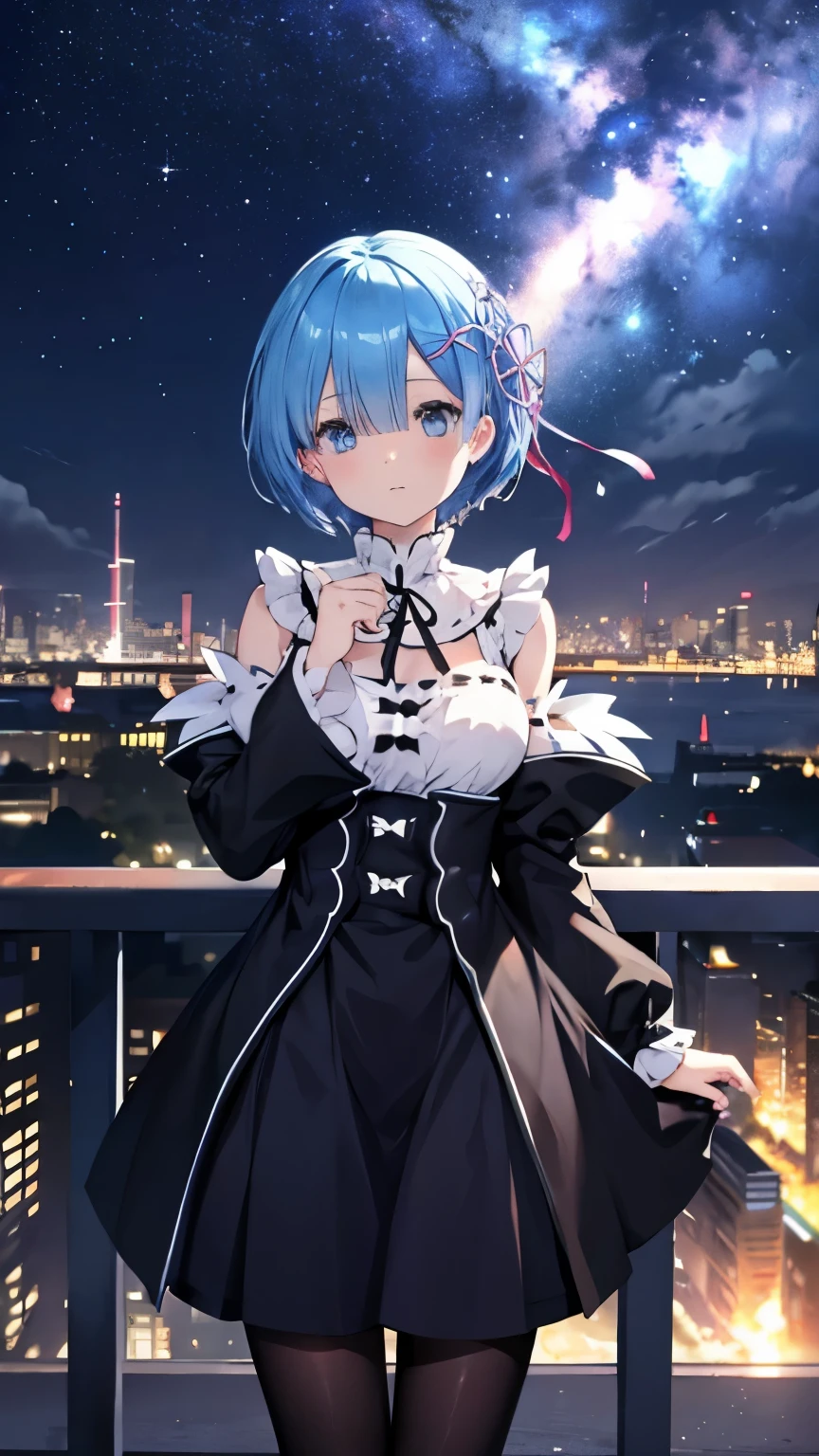 Rem from Re:Zero、light blue hair、shortcut, To tell, cute casual clothes, Cast a spell on the stars in the middle of the city at midnight, panorama, landscape、black pantyhose