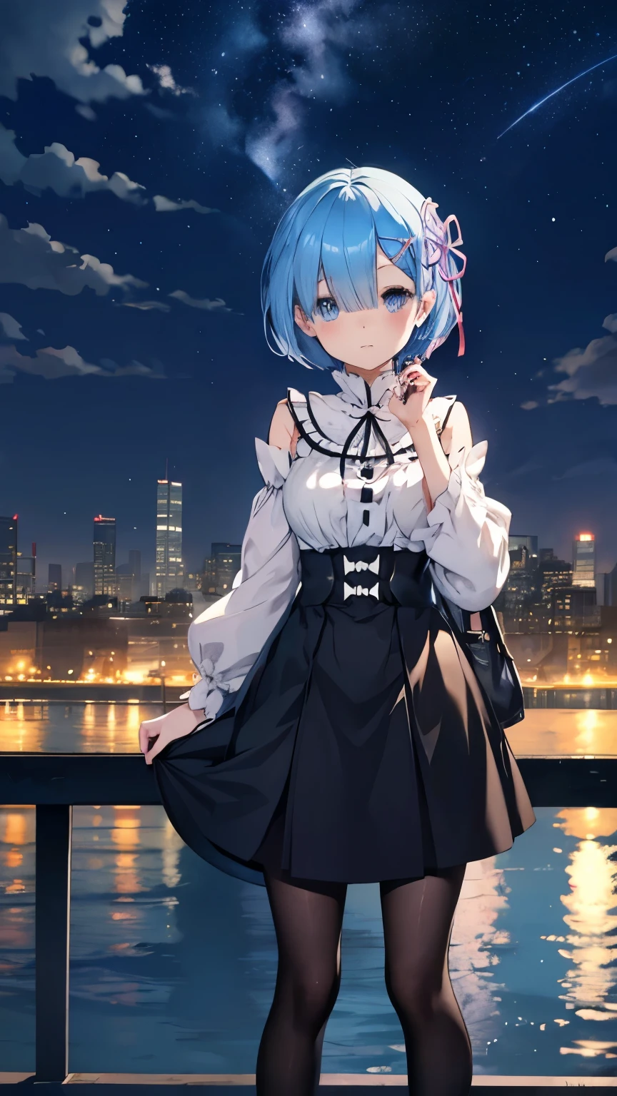 Rem from Re:Zero、light blue hair、shortcut, To tell, cute casual clothes, Cast a spell on the stars in the middle of the city at midnight, panorama, landscape、black pantyhose