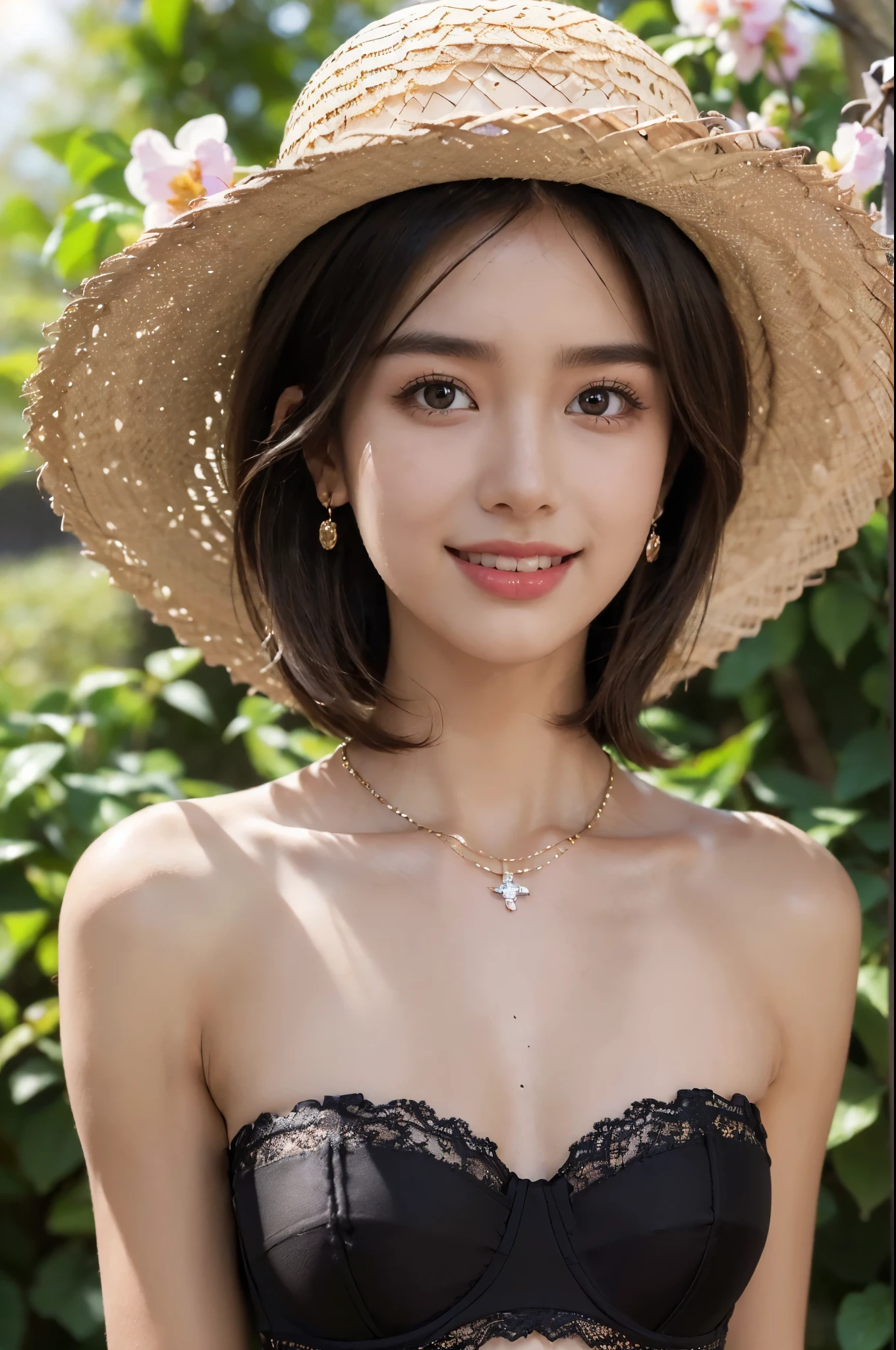 ((((8k))),((Extremely meticulous CG)) ,(wallpaper),16k,((Extremely refined and beautiful)),(((Masterpiece))),(((best qualtiy))),(((Ultra High Resolution))),beautiful light up,Perfect lightning,realistic shaded,((high resolution)),(Smooth and flawless skin:1.5),(dark-tanned skin:1.7),(bronzed skin:1.7),(Extremely exquisite facial details:1.2),(perfect body:1.1),(ultra-detailed),((A beautiful girl,solo)),(small head:1.2),(straw hat:1.3),(shoulder-length straight bob hair:1.2),(small face:1.2),(baby face:1.3),(Exquisite makeup:1.2),(earrings:1.2),(necklace:1.2),(small breasts:1.2),(flat chests:1.2),((slim,thin)),(laughing:1.2),(happy:1.2),(strapless lace bra:1.5),(day scene:1.3),(bright sunshine:1.3),(outdoor:1.2),(early spring:1.3),(in the garden:1.3),(The flowers bloom luxuriantly:1.2),(detailed background:1.5),(standing:1.3),(close-up of face:1.3),(from front:1.2),