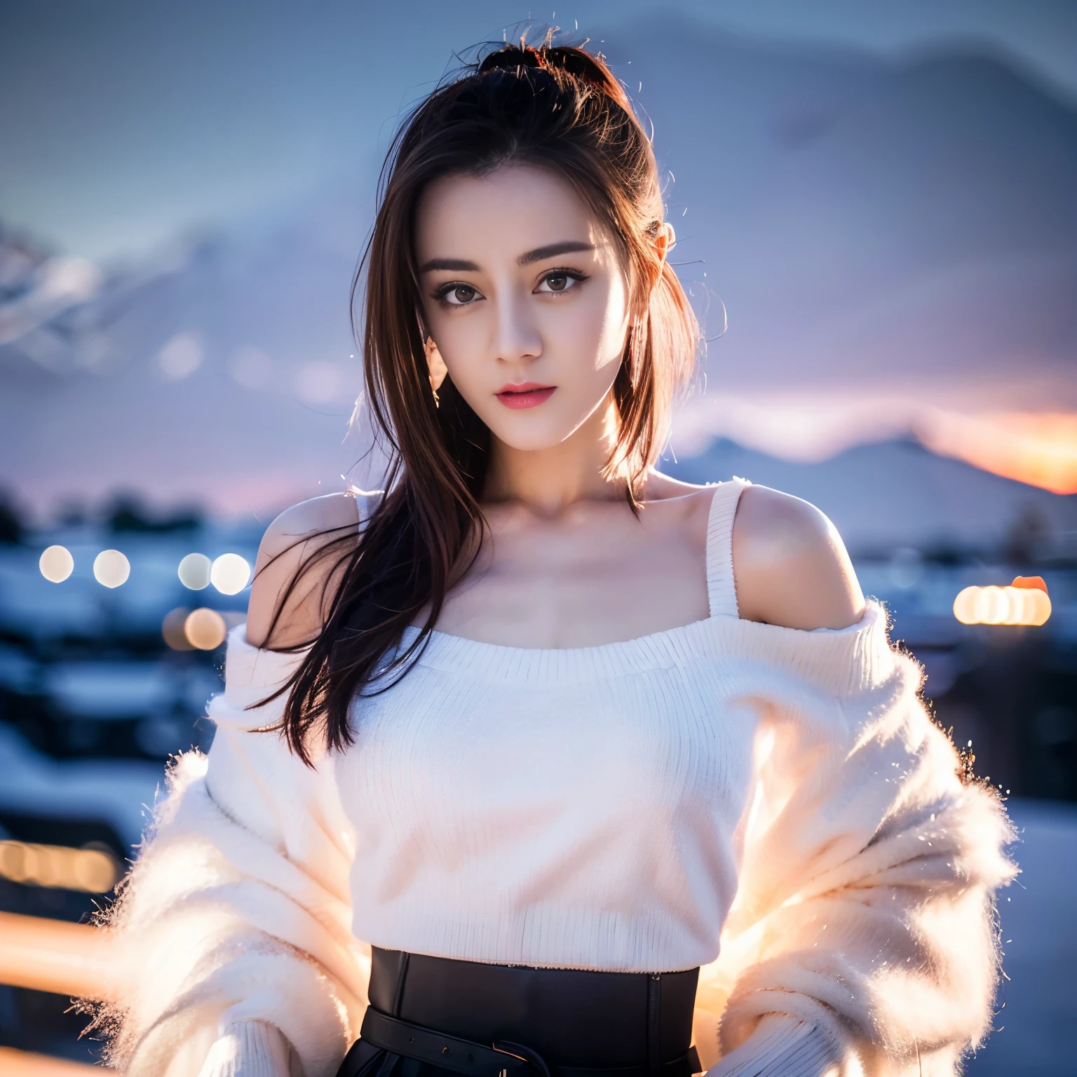 ((top quality、8k、​Masterpiece:1.3))、Extremely delicate and beautiful girl，full-body shot，huge breasts，bigger breasts，amazing breast size，G cup。Wear big earrings，Very white skin，moist red lips，Waist is very thin，Thighs are very thin，big butt，fair and smooth skin，Smooth and fair skin，flawless skin，Fair and shiny skin，cold white skin，The camera focuses on the chest，Bright light，white sweater，Lower body exposed，bare shoulders，light pink hair，The hair is light pink，heavy snow，snow mountain，sunset，lake