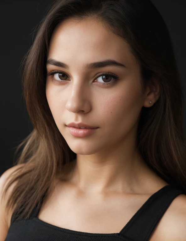 ((head to shoulders)) portrait of (sks woman), shirt, centerfold, focus on the eyes, model shoot, photograph, intricate background, (wide view, simple black background, sharp outlines:1.2), natural skin tones